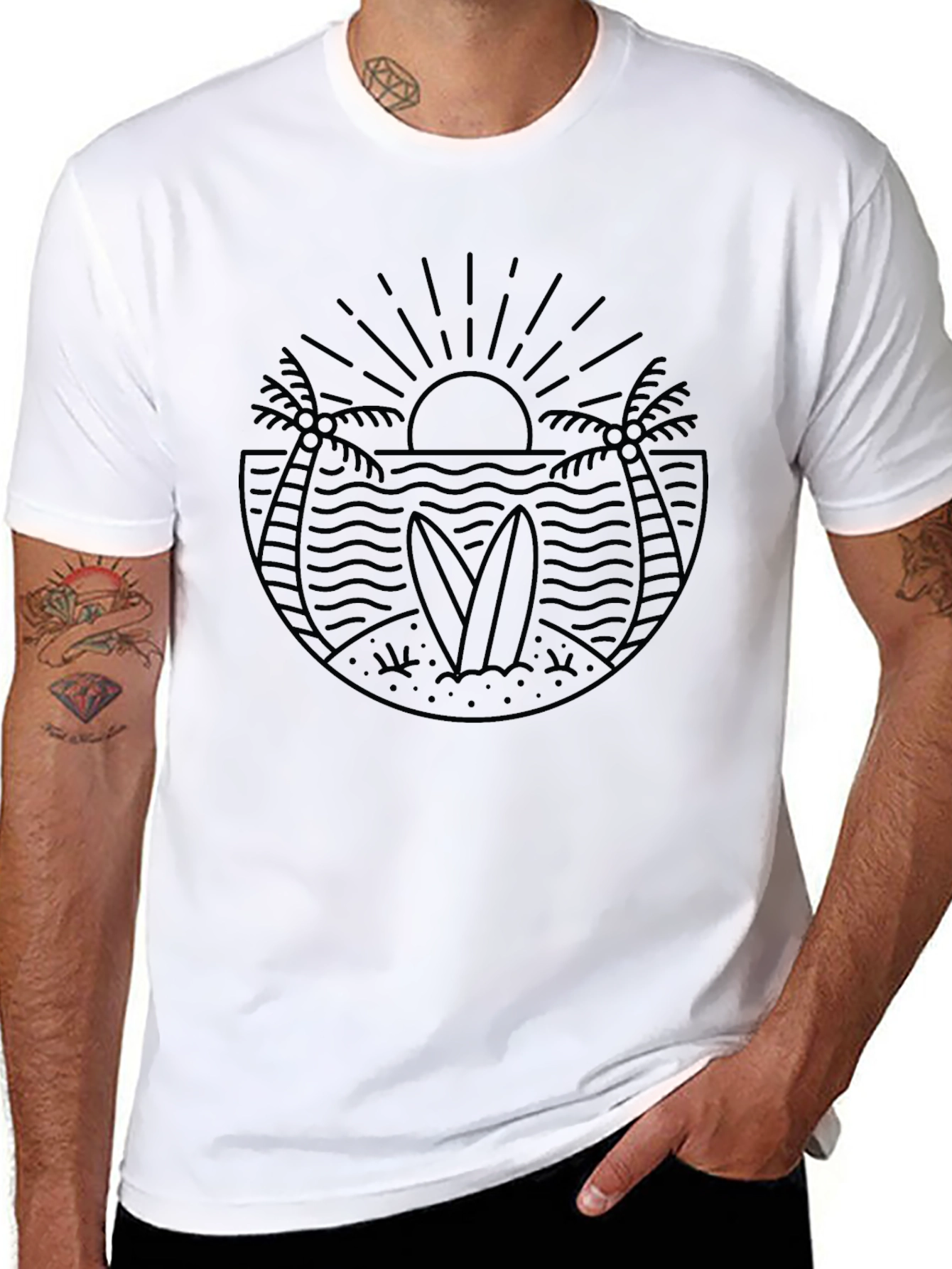 Mens Black Graphic Tee - Beach Surf Design