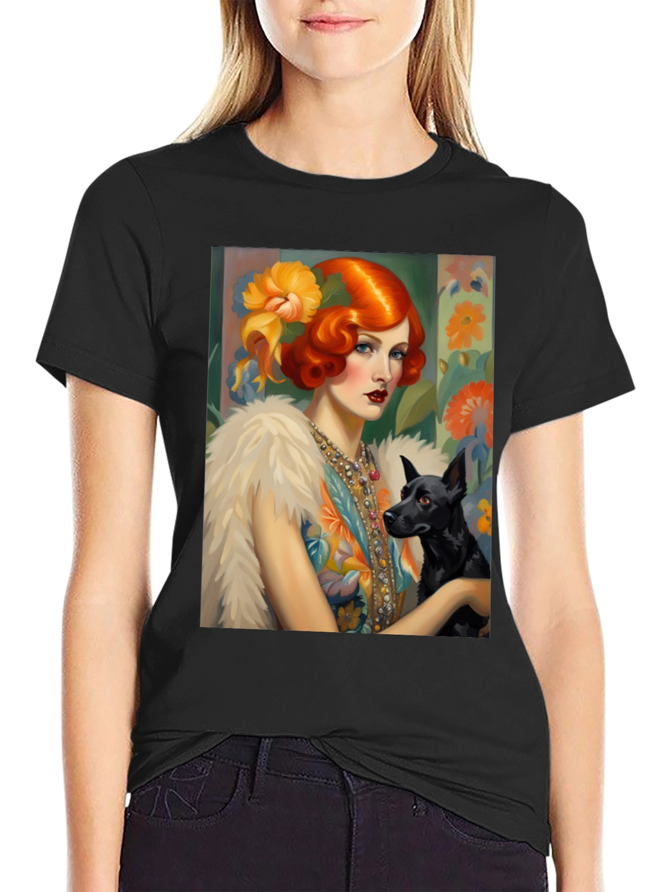 Art Deco Lady & Dog Graphic Tee - Stylish Black T-Shirt