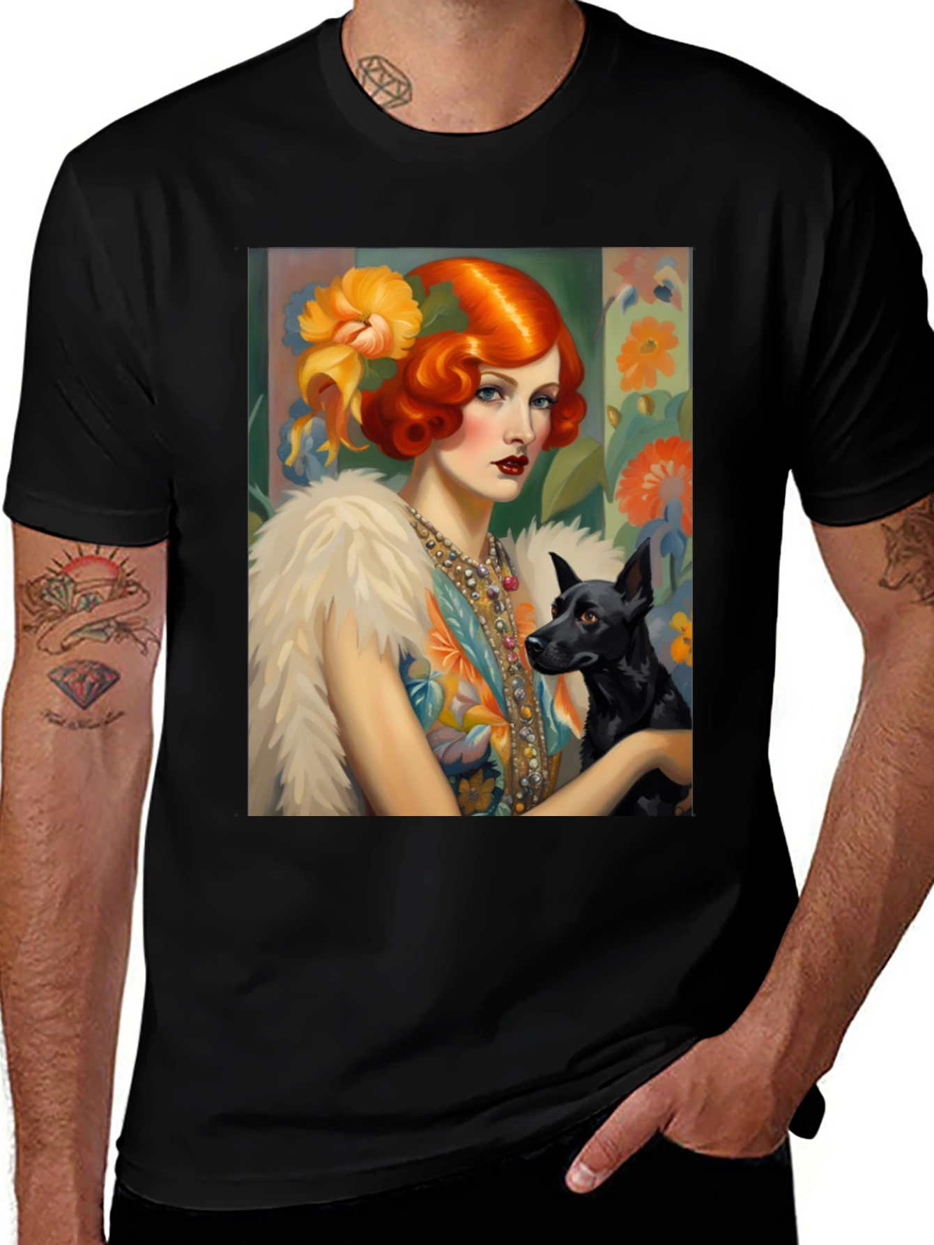 Art Deco Lady & Dog Graphic Tee - Stylish Black T-Shirt