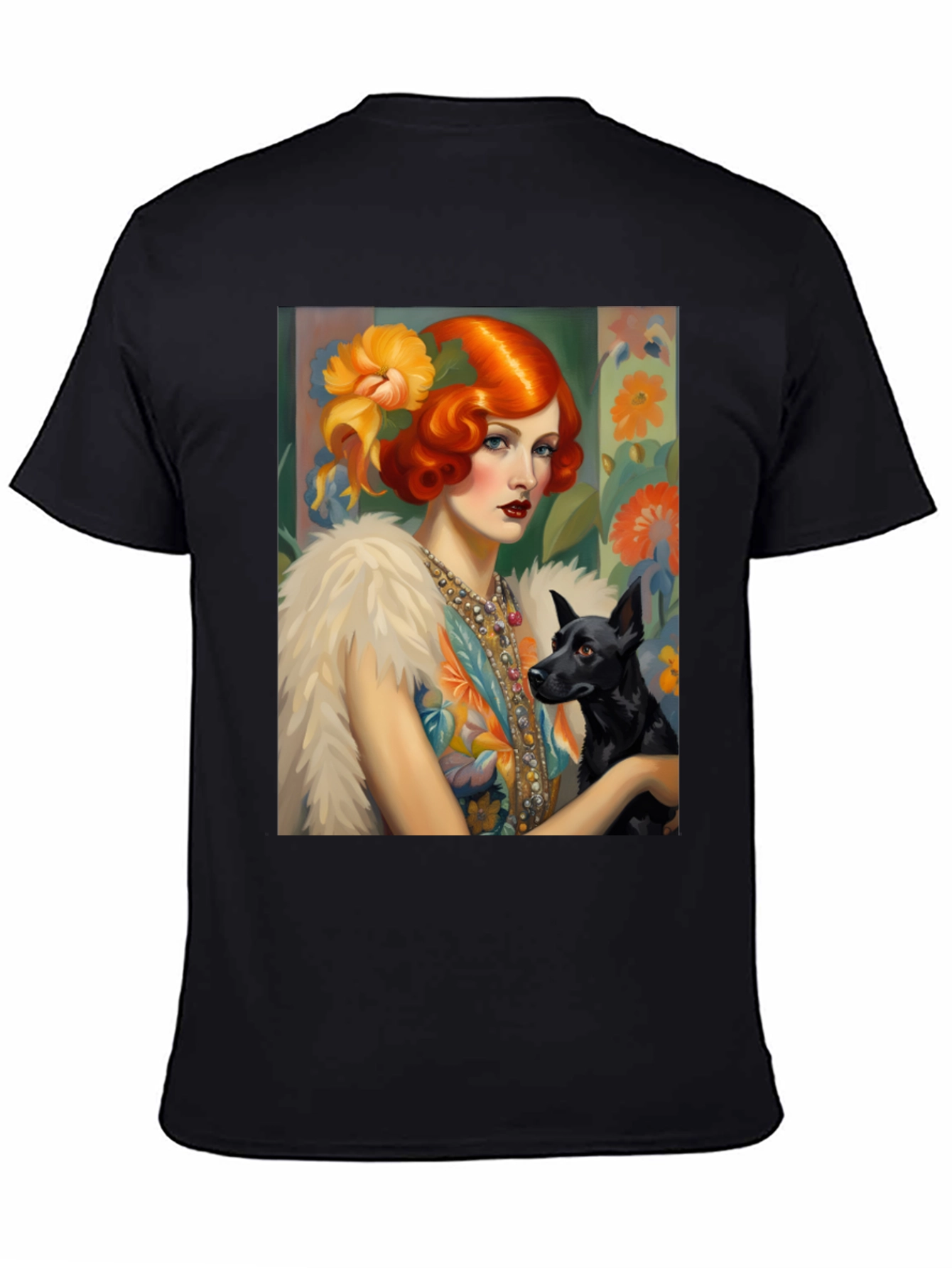 Art Deco Lady & Dog Graphic Tee - Stylish Black T-Shirt
