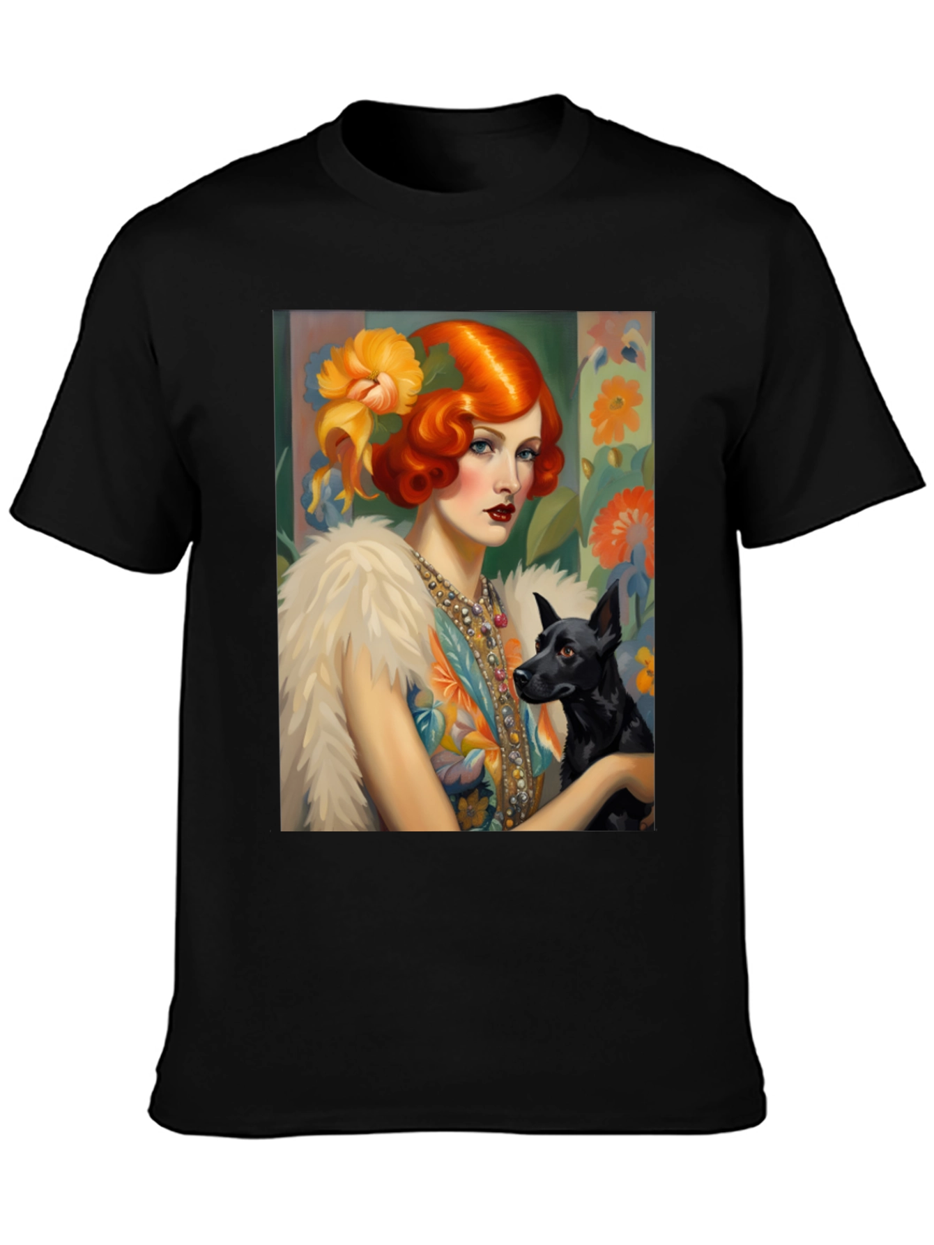 Art Deco Lady & Dog Graphic Tee - Stylish Black T-Shirt