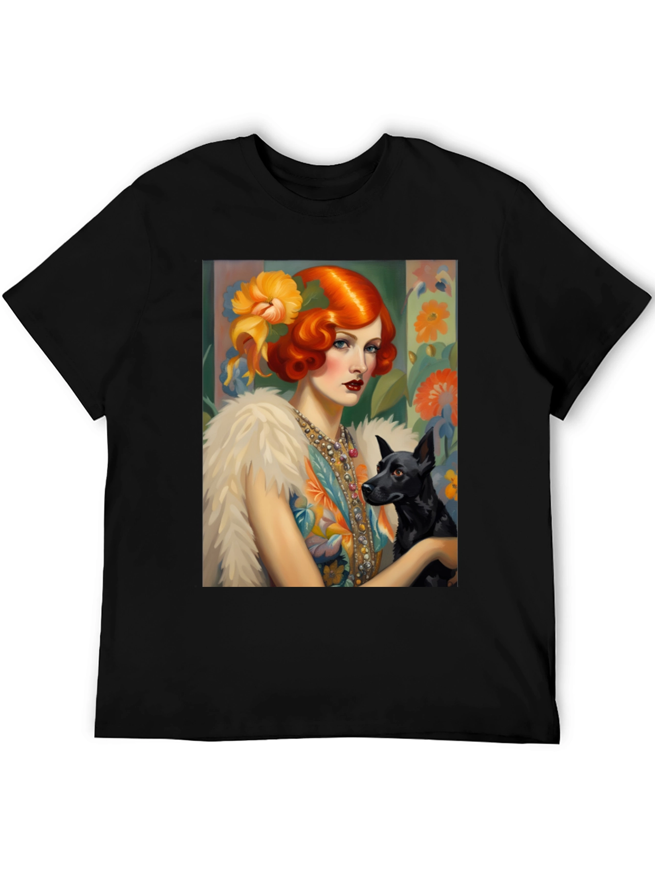 Art Deco Lady & Dog Graphic Tee - Stylish Black T-Shirt