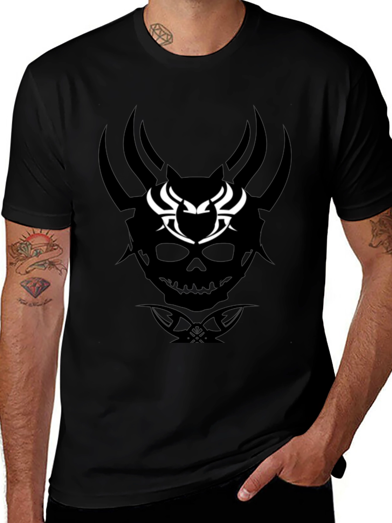Skull & Horns Graphic Tee - Black Cotton Blend