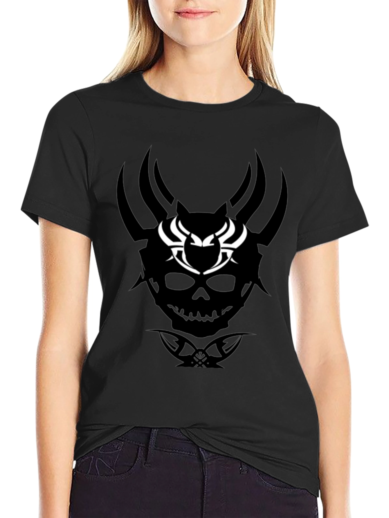 Skull & Horns Graphic Tee - Black Cotton Blend