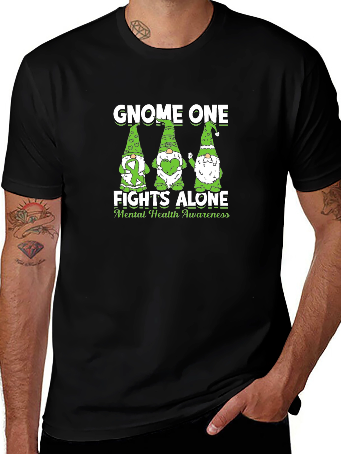 Gnome One Fights Alone Mental Health Awareness Black T-Shirt