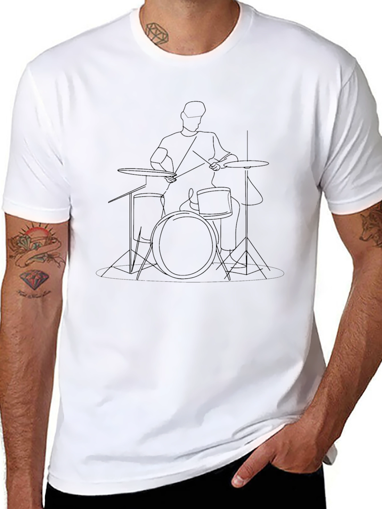 Drummer Line Art T-Shirt - Minimalist Music Tee
