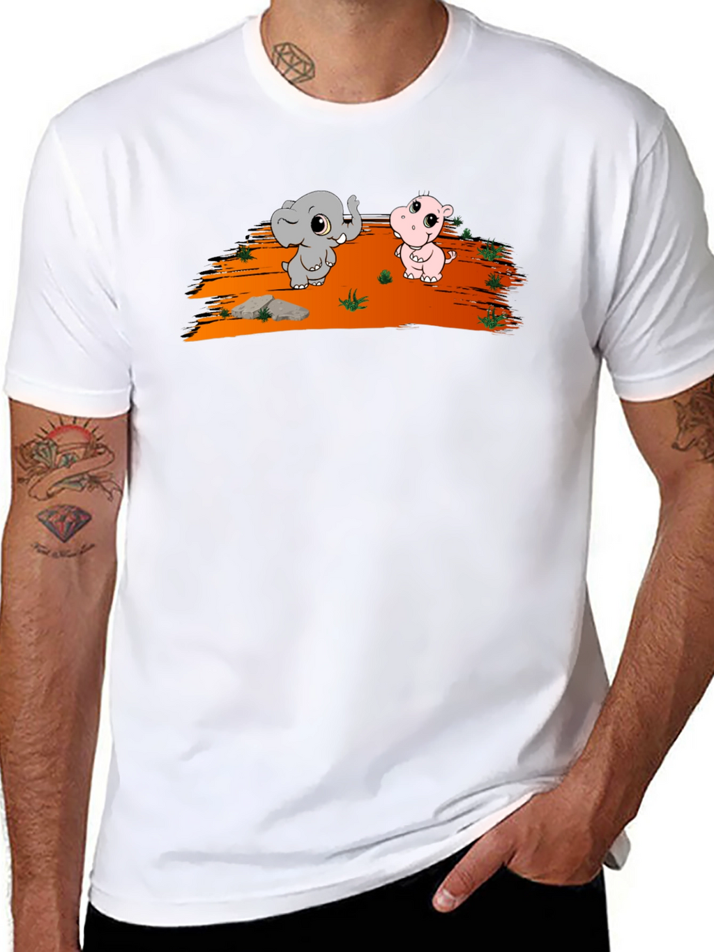 Cartoon Elephant & Hippo Black T-Shirt