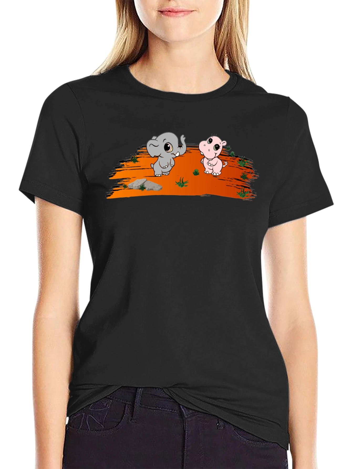 Cartoon Elephant & Hippo Black T-Shirt