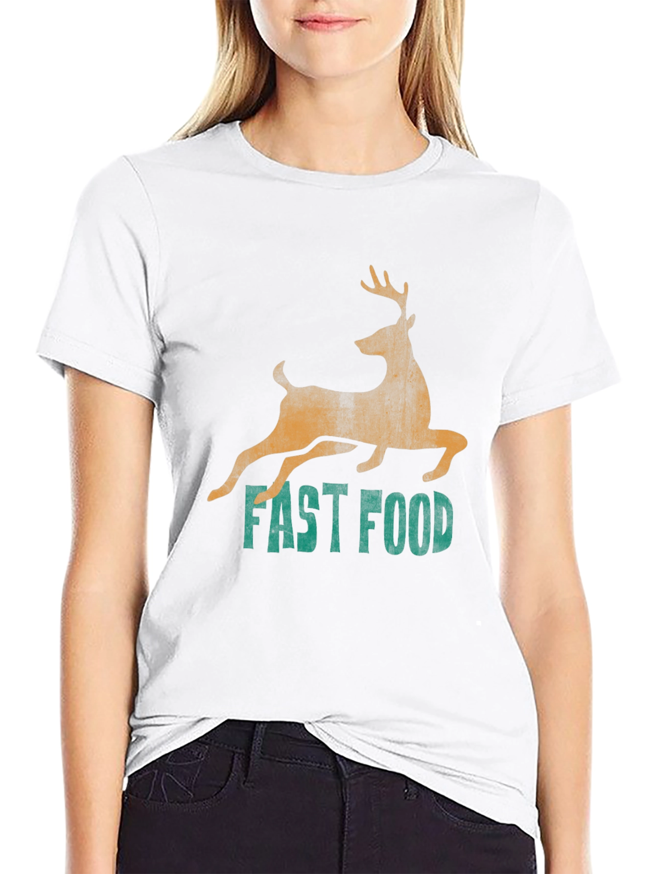Fast Food Deer Graphic Tee - Black Casual T-Shirt