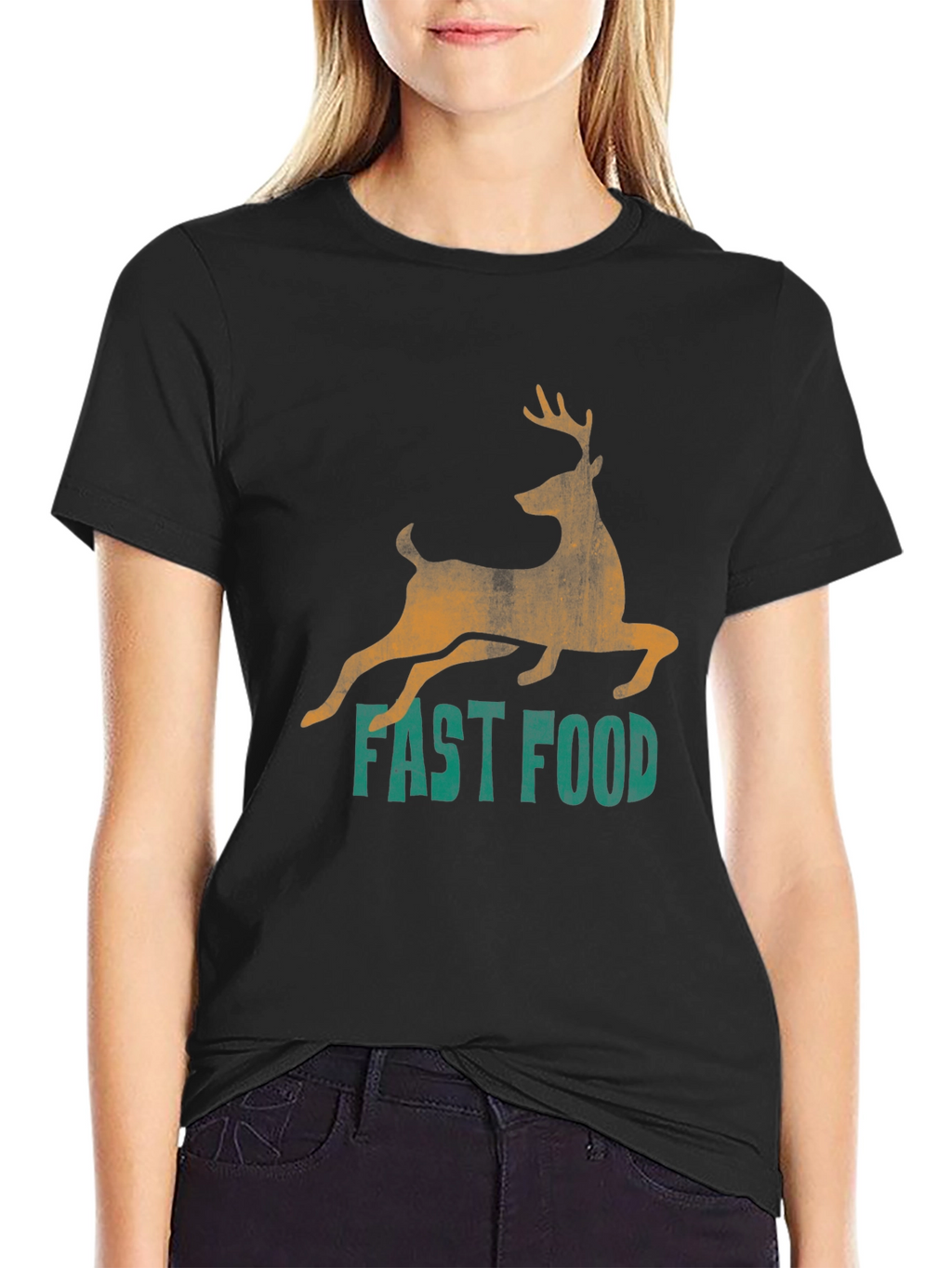 Fast Food Deer Graphic Tee - Black Casual T-Shirt