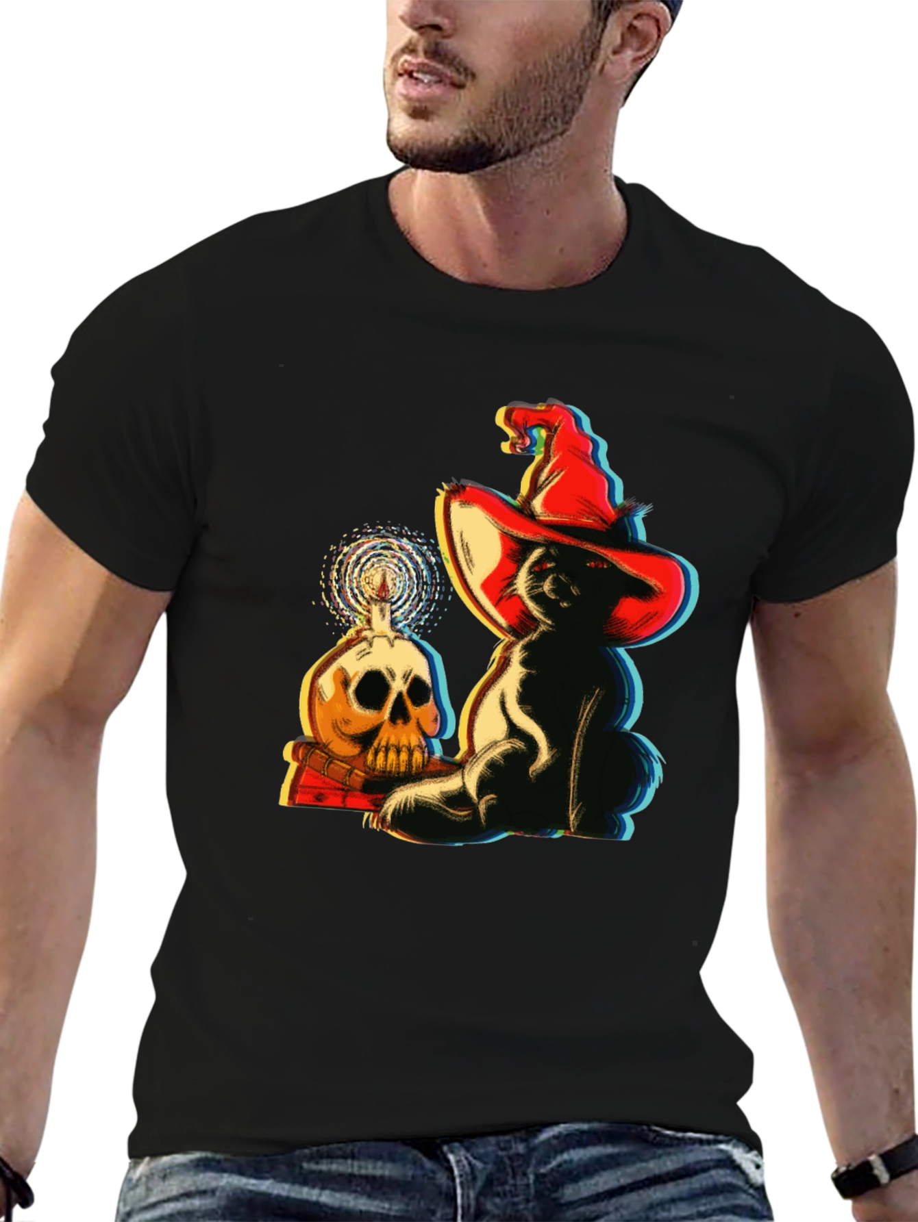 Spooky Cat & Skull Graphic Tee - Halloween Vibes!