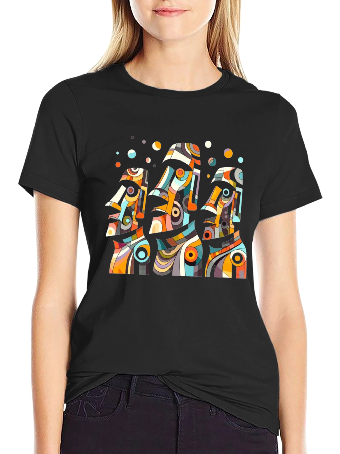 Abstract Moai Statue Graphic Tee - Black