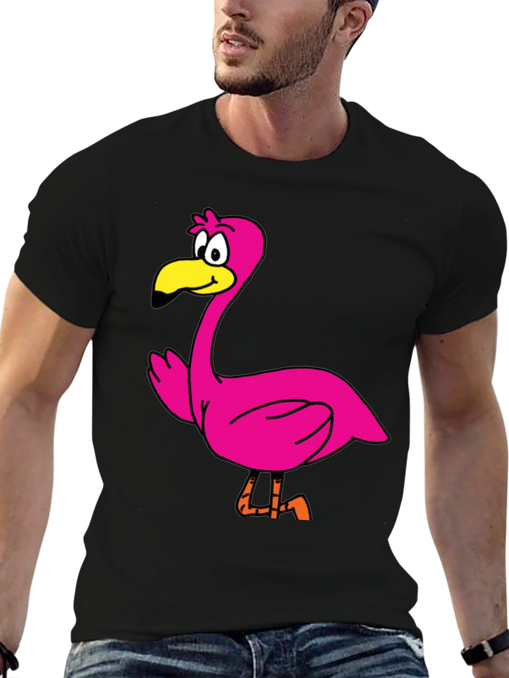 Cartoon Flamingo Graphic Tee - Black Unisex T-Shirt