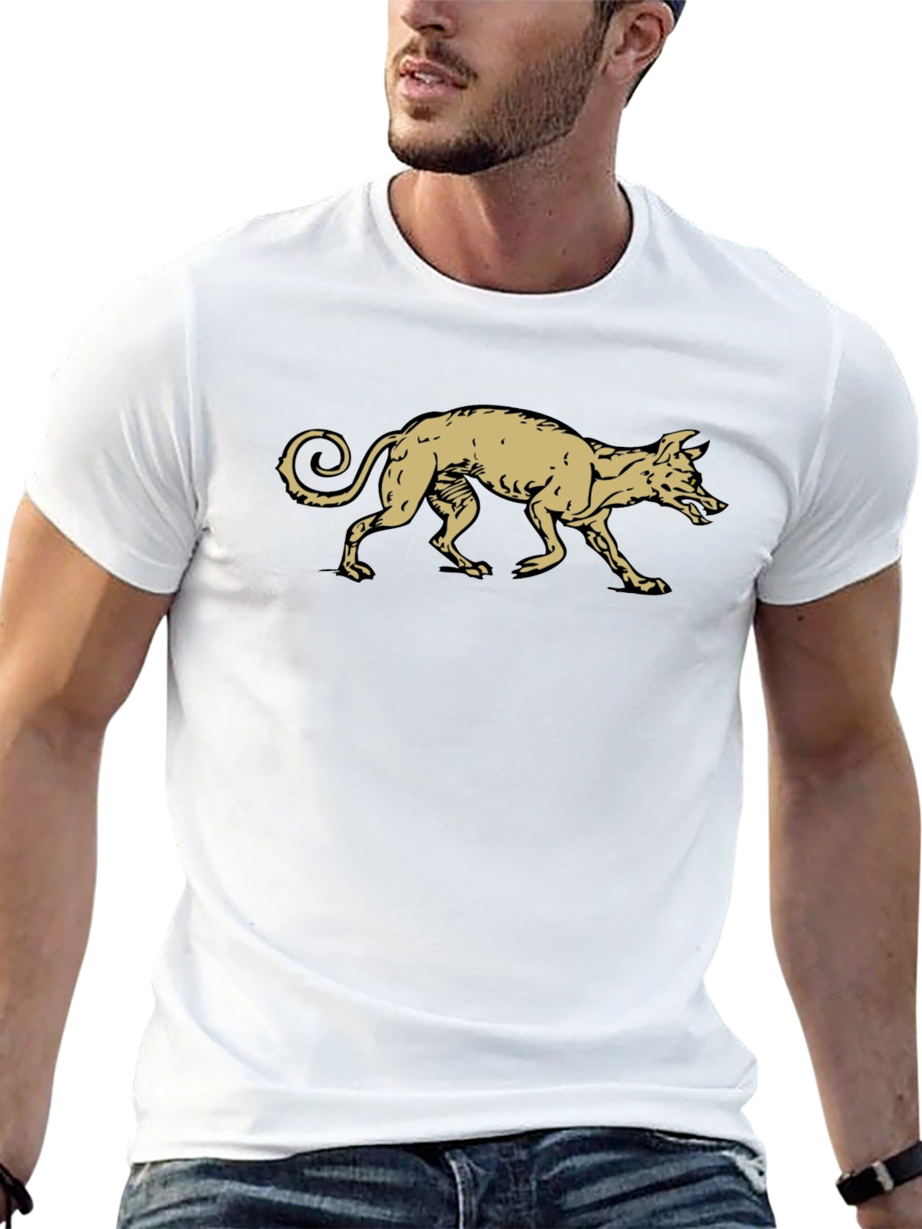 Black T-Shirt with Gold Running Dog Graphic