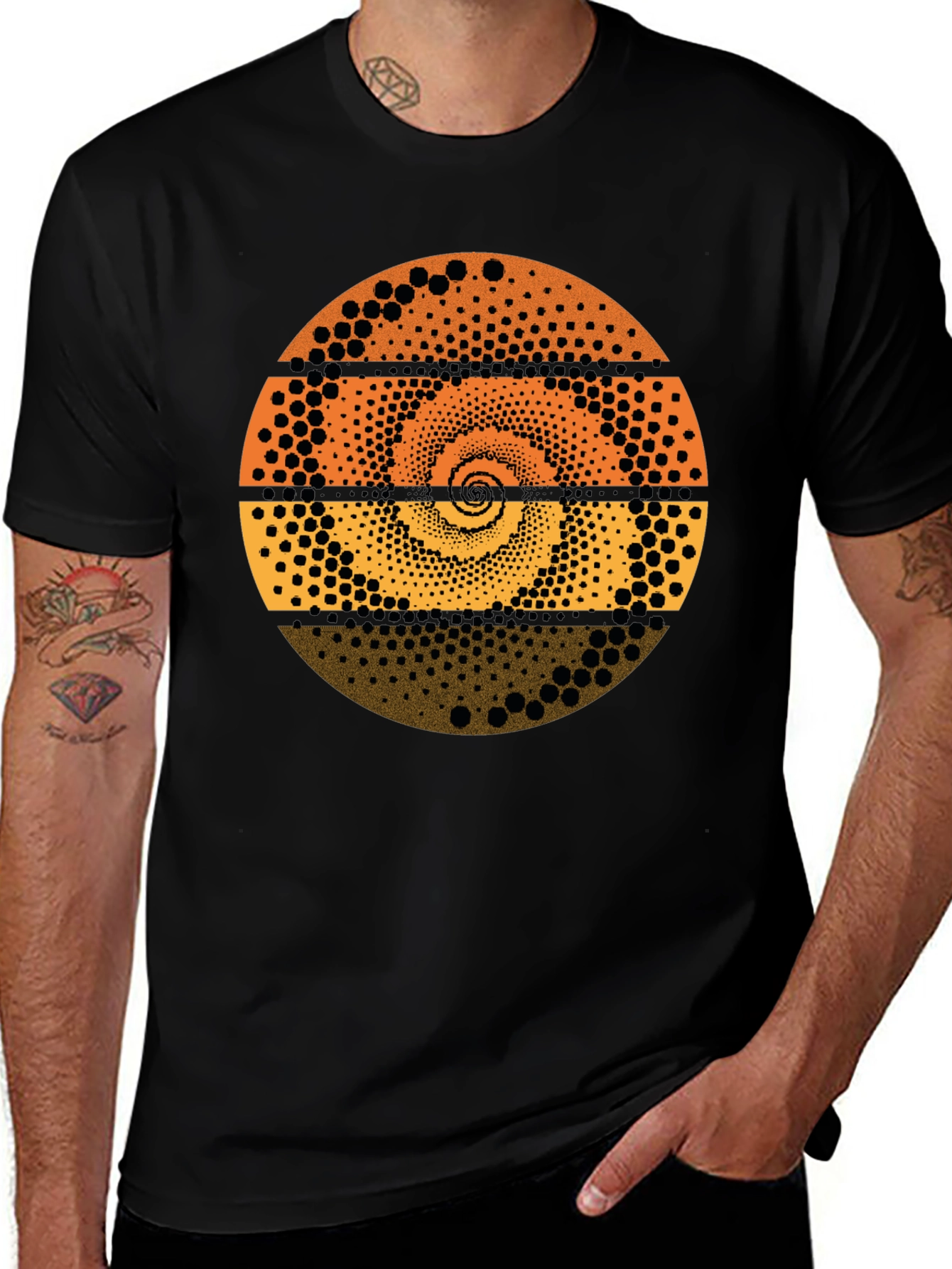 Abstract Dot Spiral Graphic Tee - Black Cotton T-Shirt