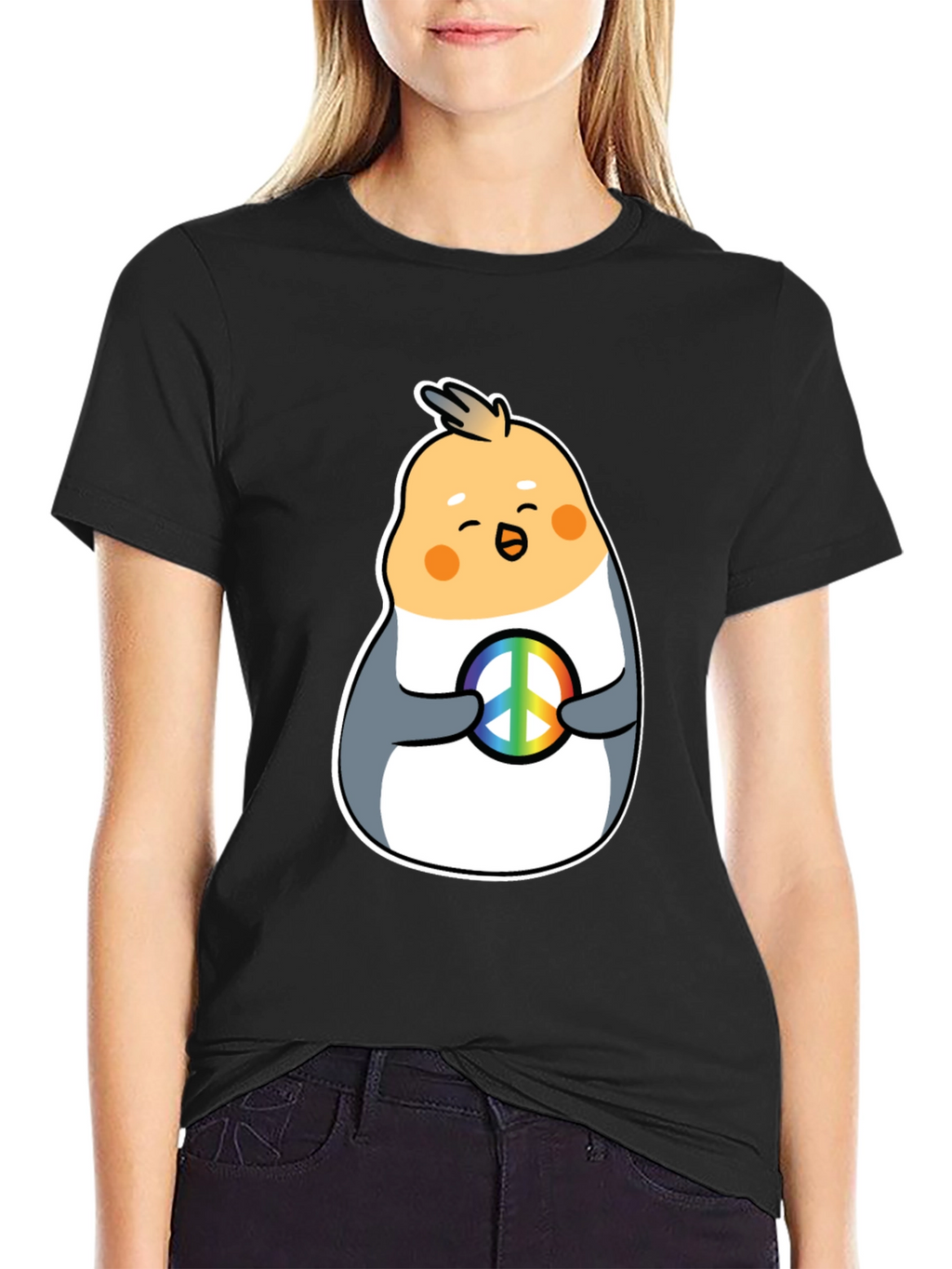 Cockatiel Peace Sign Graphic Tee - Black Cotton Blend