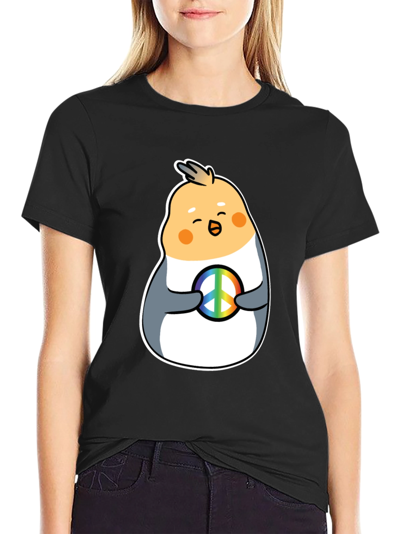 Cockatiel Peace Sign Graphic Tee - Black Cotton Blend