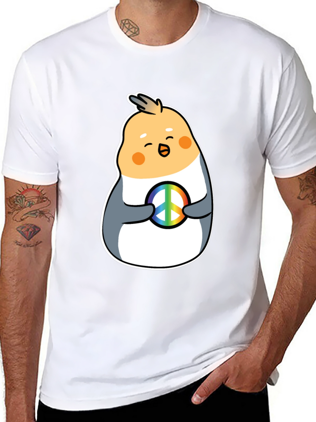 Cockatiel Peace Sign Graphic Tee - Black Cotton Blend