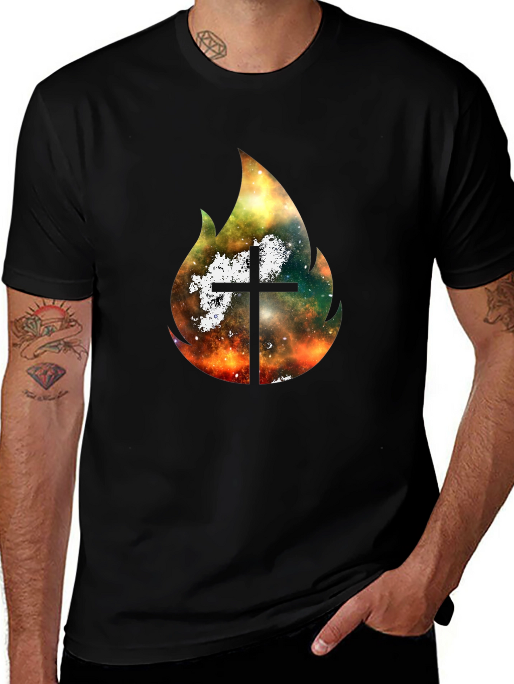 Celestial Cross Flame Graphic T-Shirt