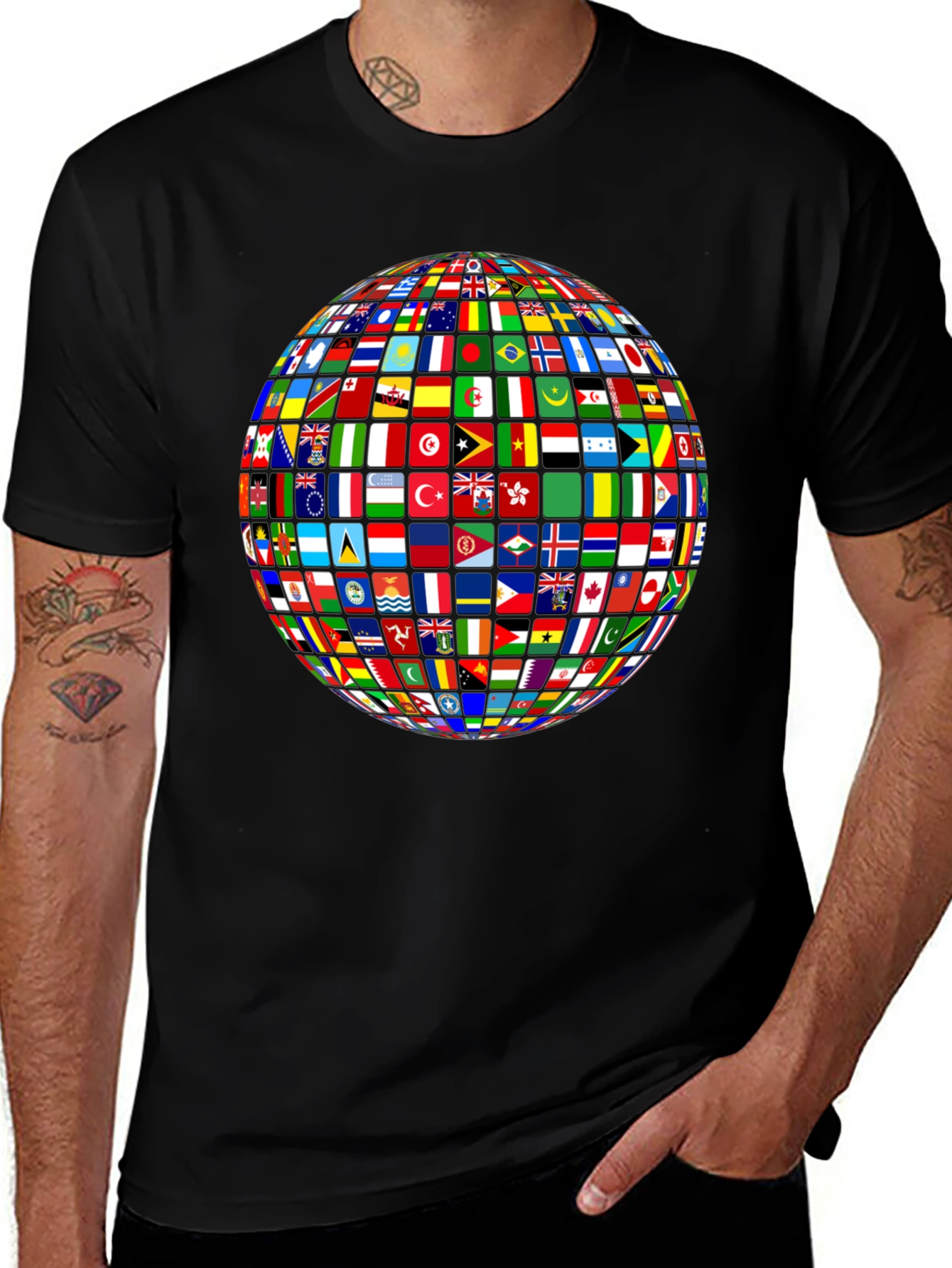 Flags of All Nations Globe Graphic Tee - Black
