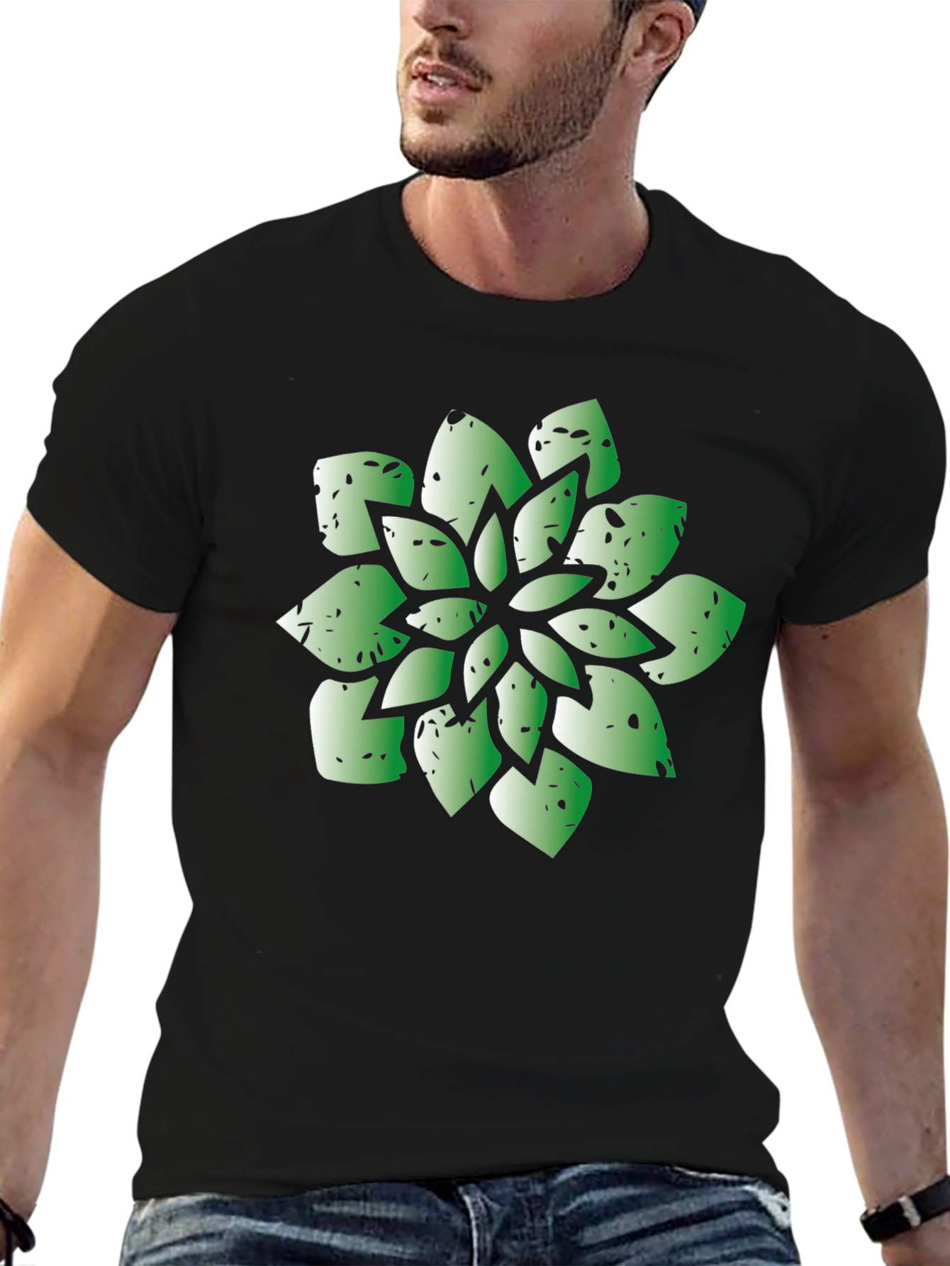 Green Succulent Graphic Black T-Shirt