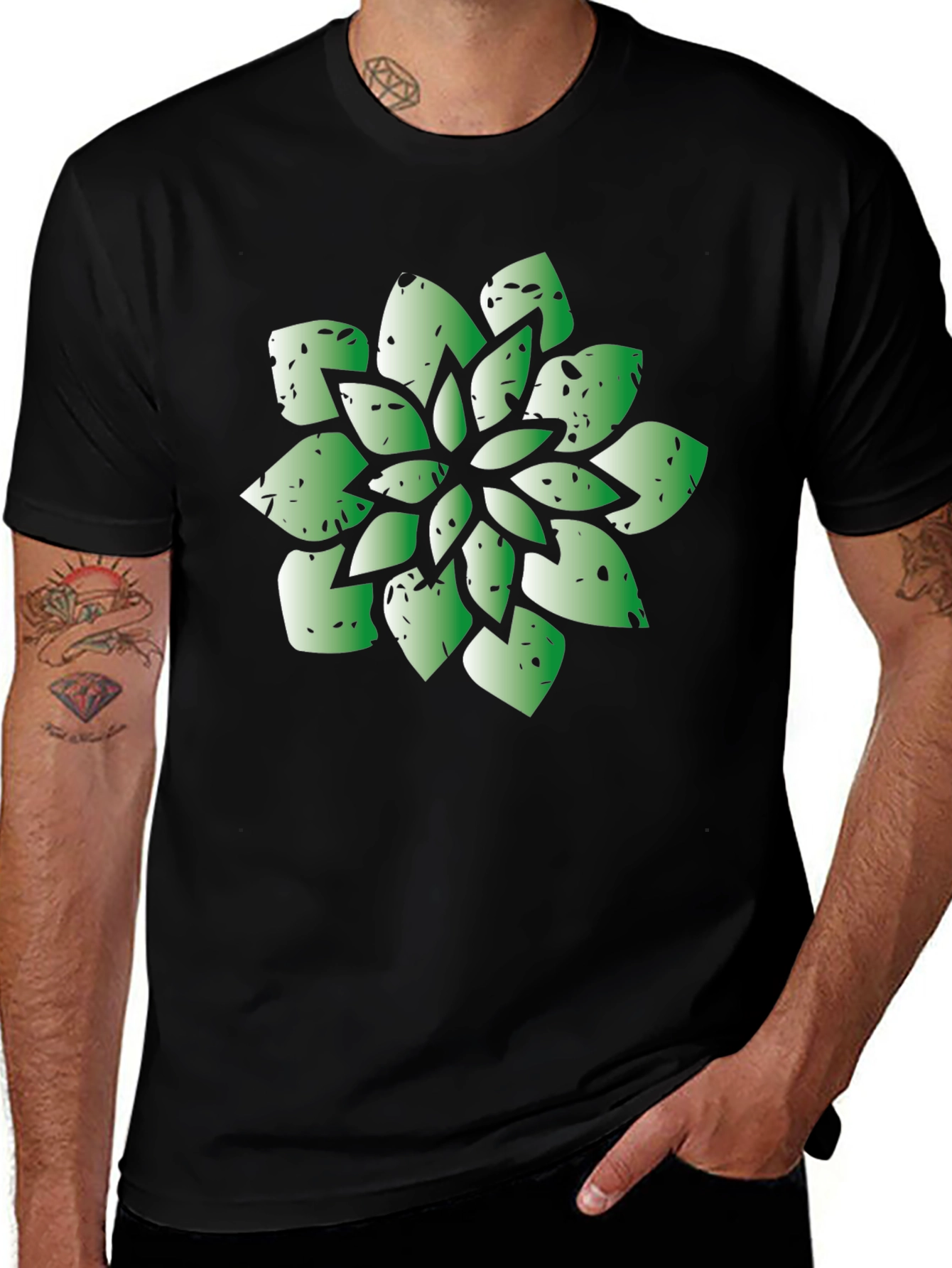 Green Succulent Graphic Black T-Shirt