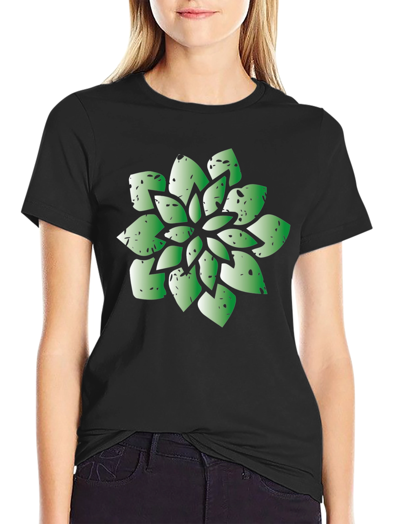 Green Succulent Graphic Black T-Shirt