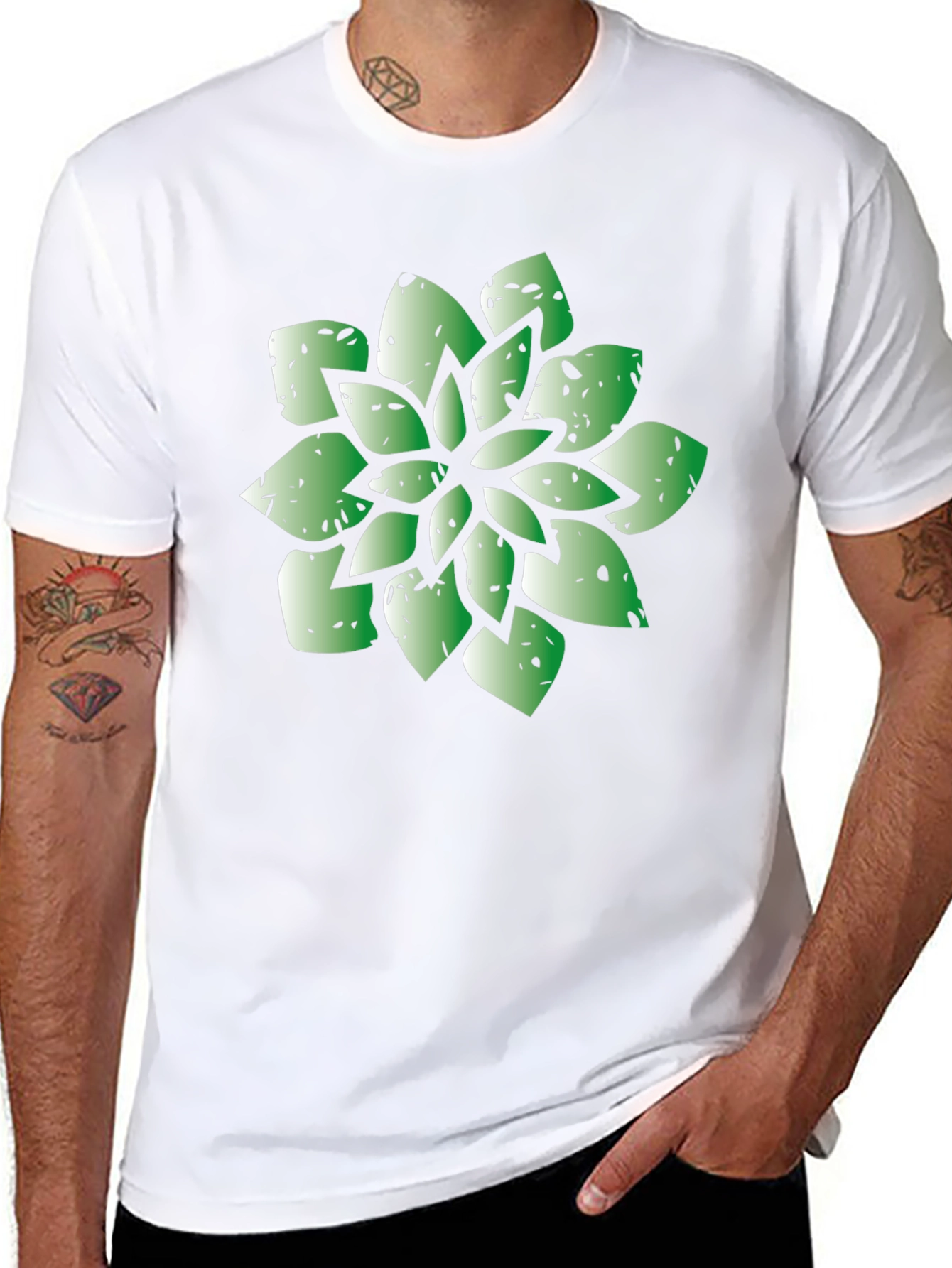Green Succulent Graphic Black T-Shirt