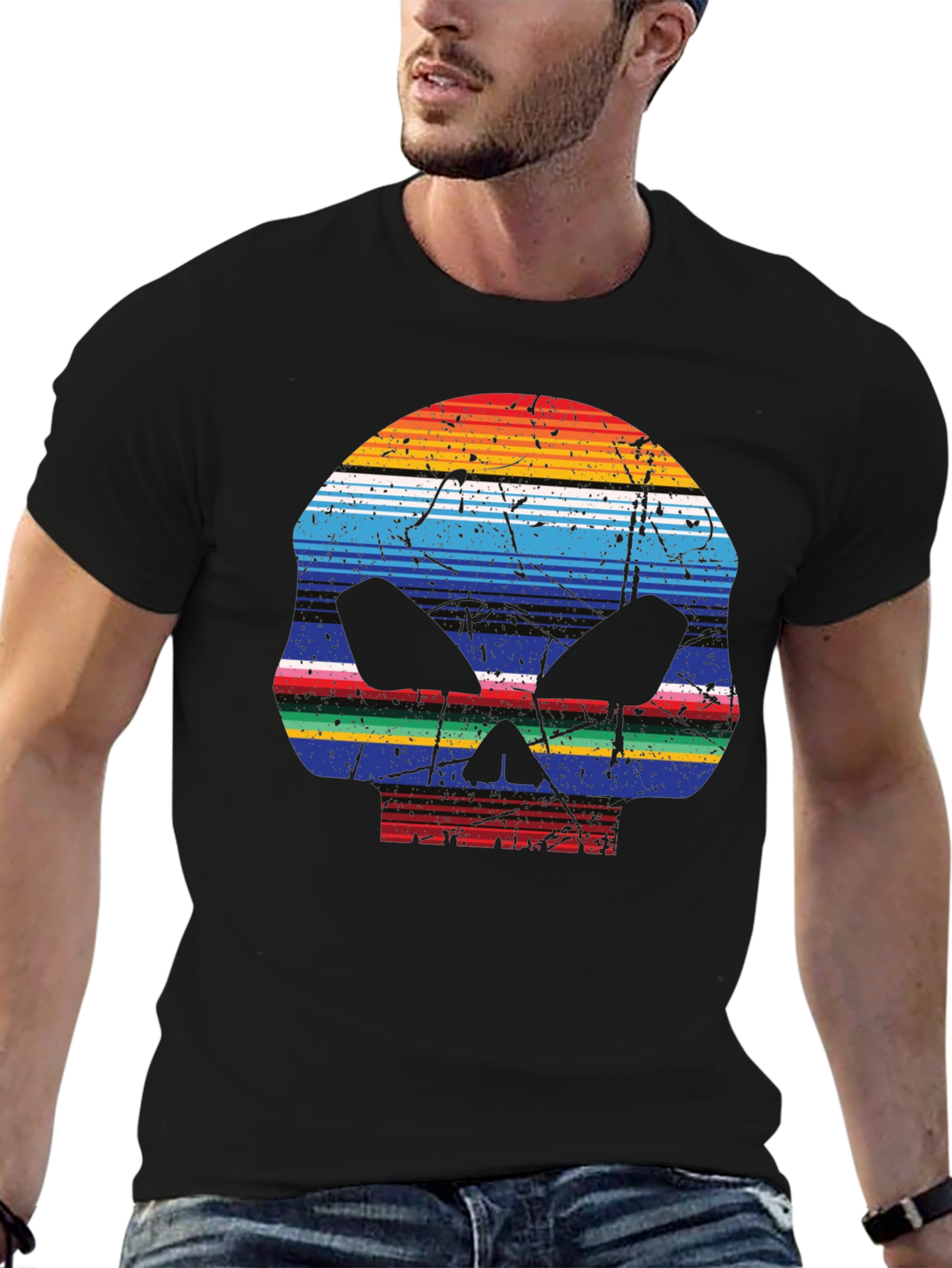 Striped Skull Graphic T-Shirt - Mens Casual Tee