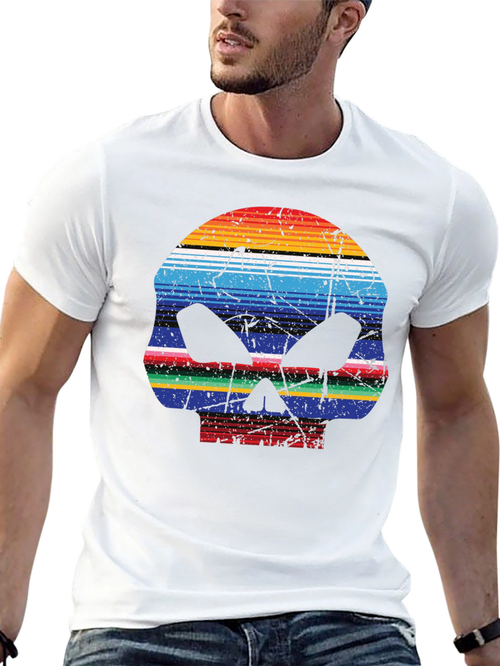 Striped Skull Graphic T-Shirt - Mens Casual Tee