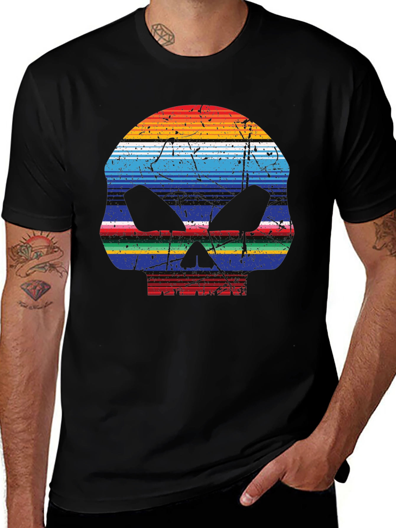 Striped Skull Graphic T-Shirt - Mens Casual Tee