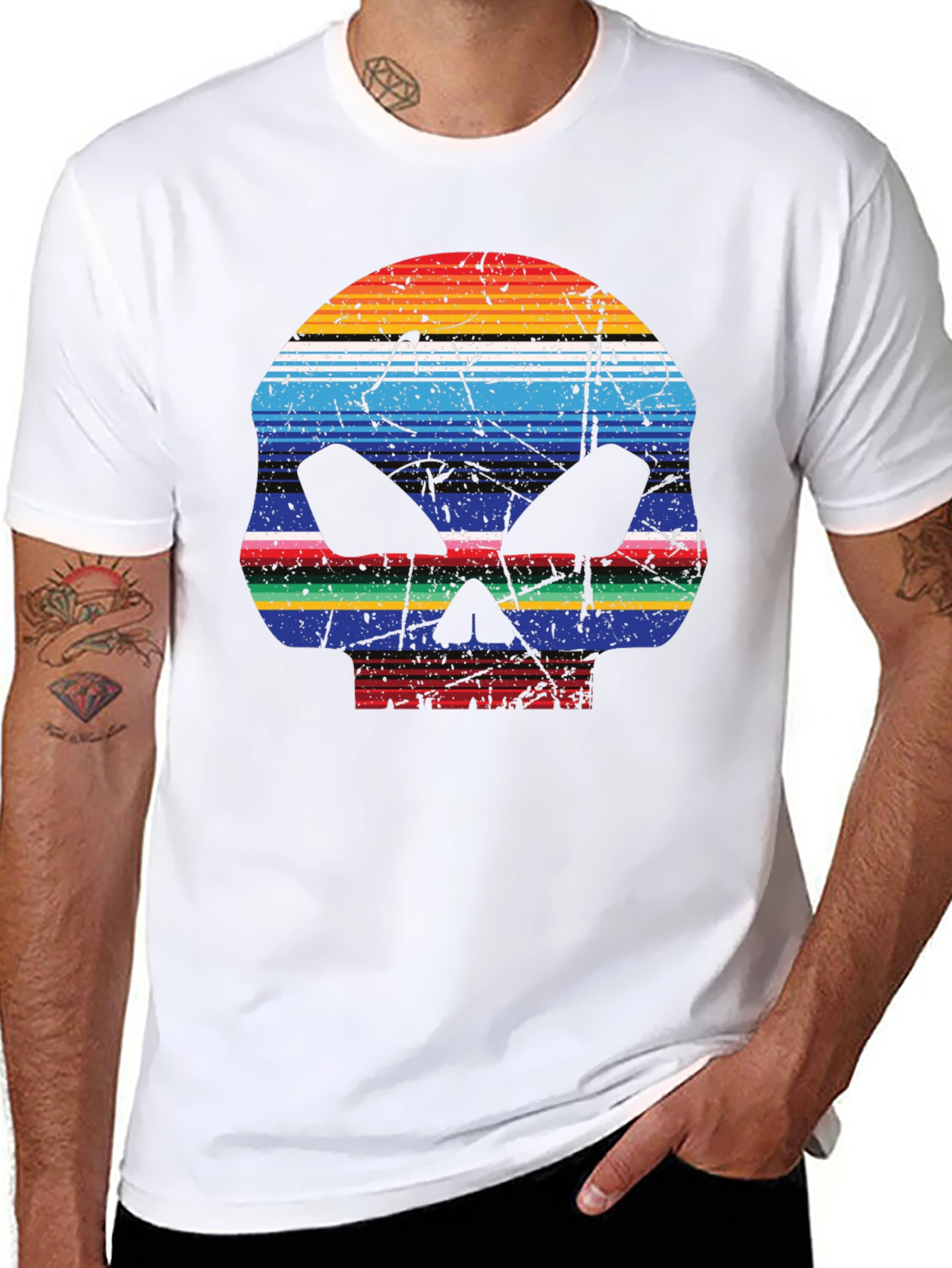 Striped Skull Graphic T-Shirt - Mens Casual Tee