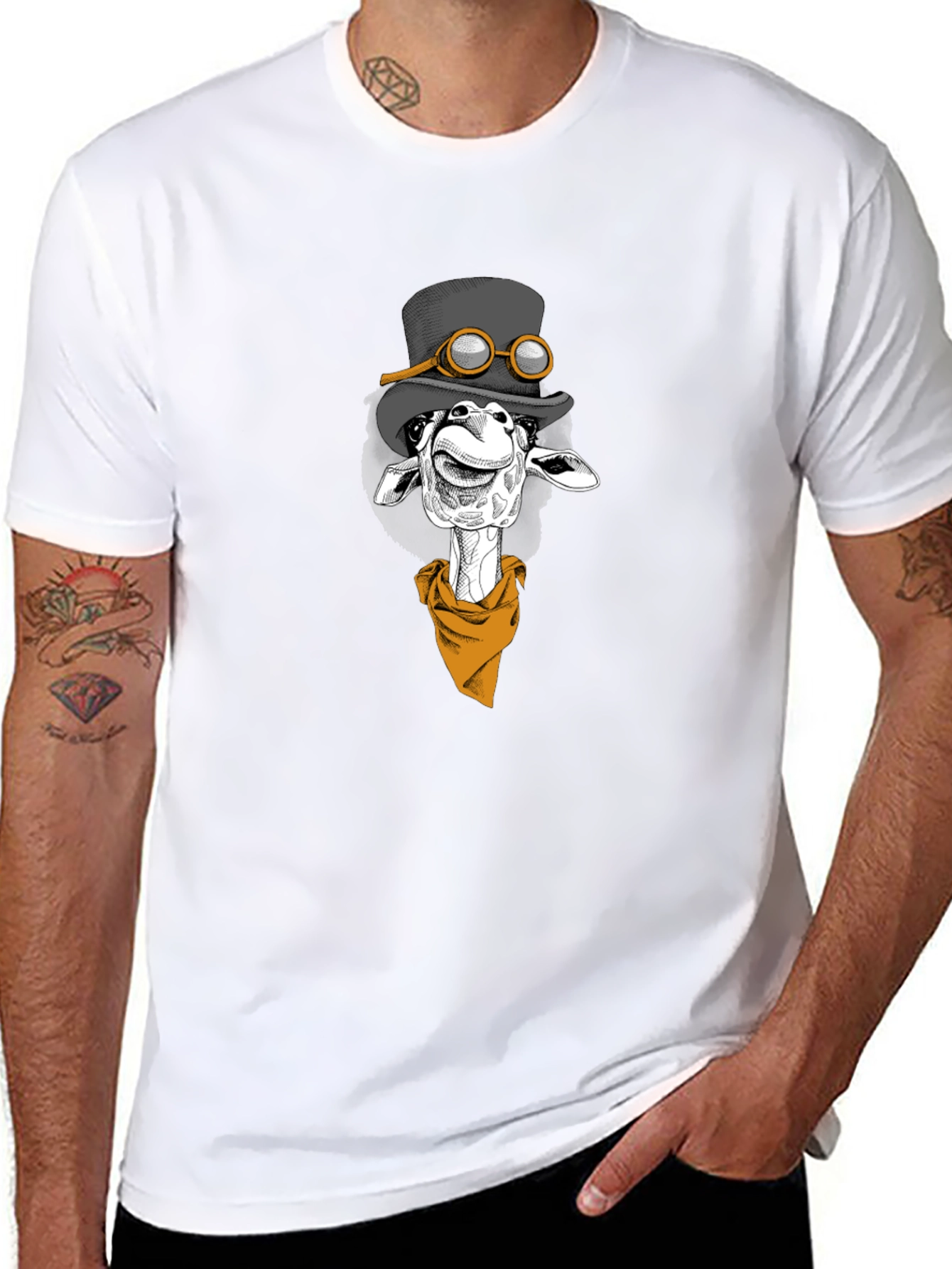 Giraffe Steampunk Graphic Tee - Black Cotton T-Shirt