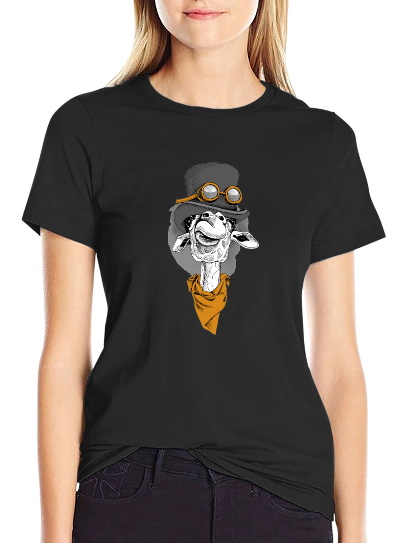 Giraffe Steampunk Graphic Tee - Black Cotton T-Shirt