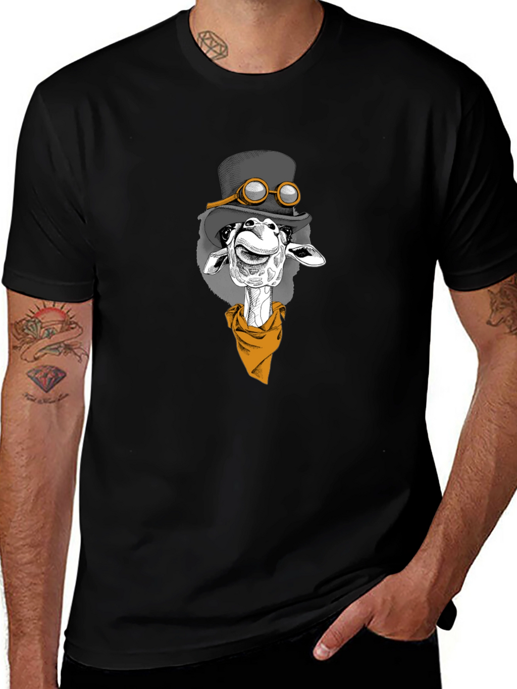 Giraffe Steampunk Graphic Tee - Black Cotton T-Shirt