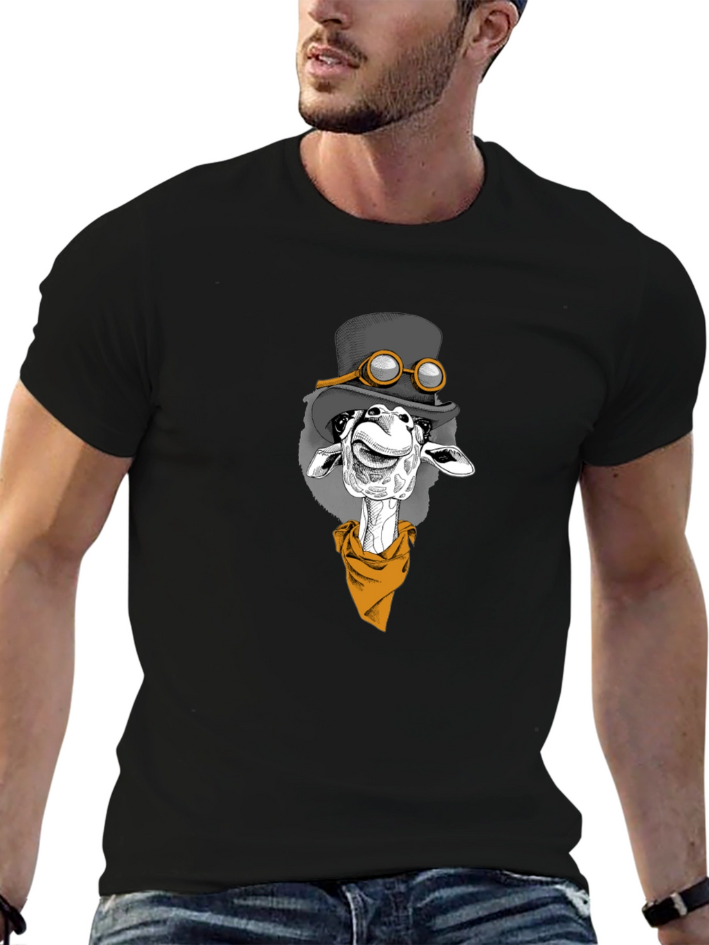 Giraffe Steampunk Graphic Tee - Black Cotton T-Shirt