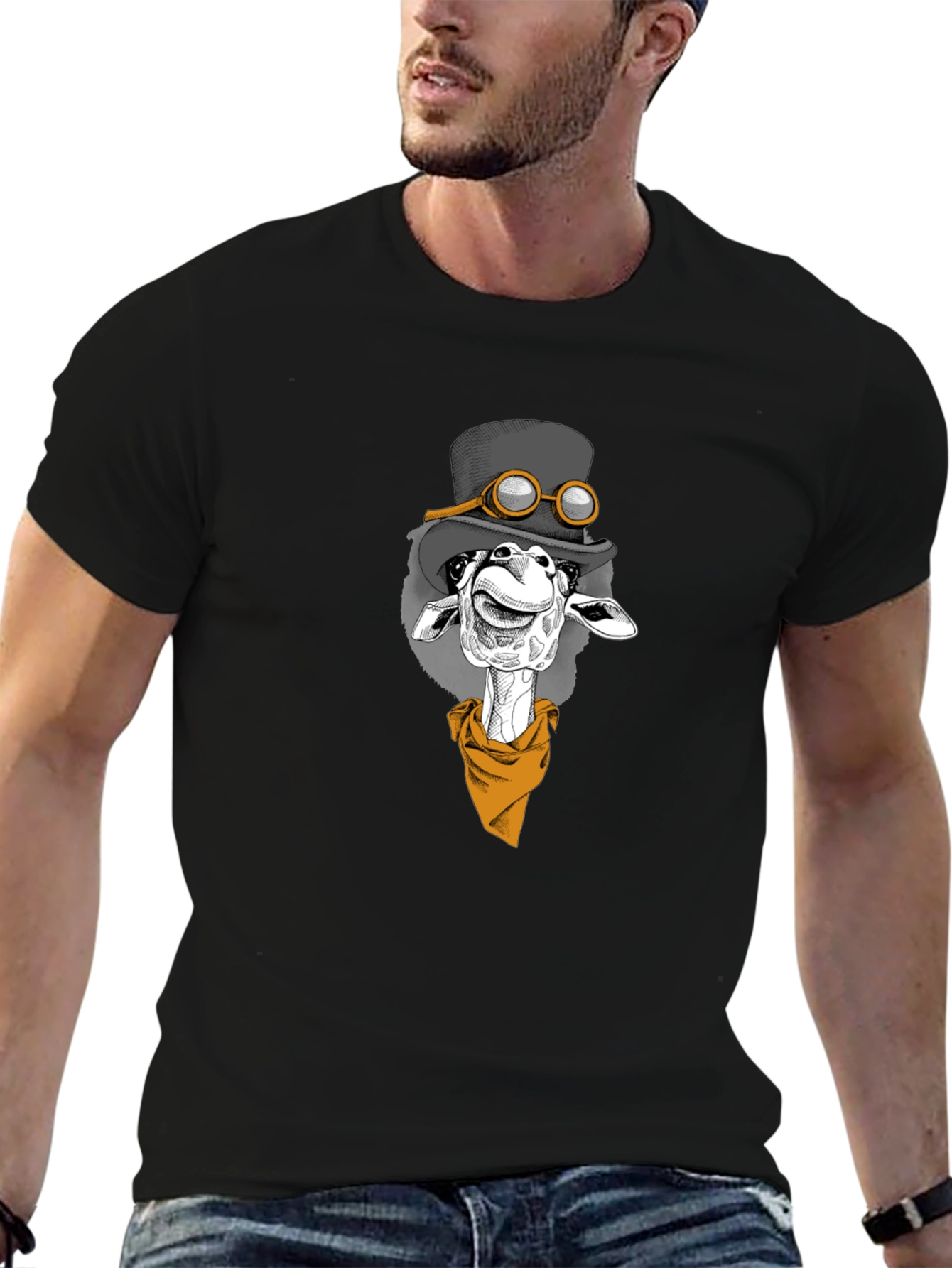 Giraffe Steampunk Graphic Tee - Black Cotton T-Shirt