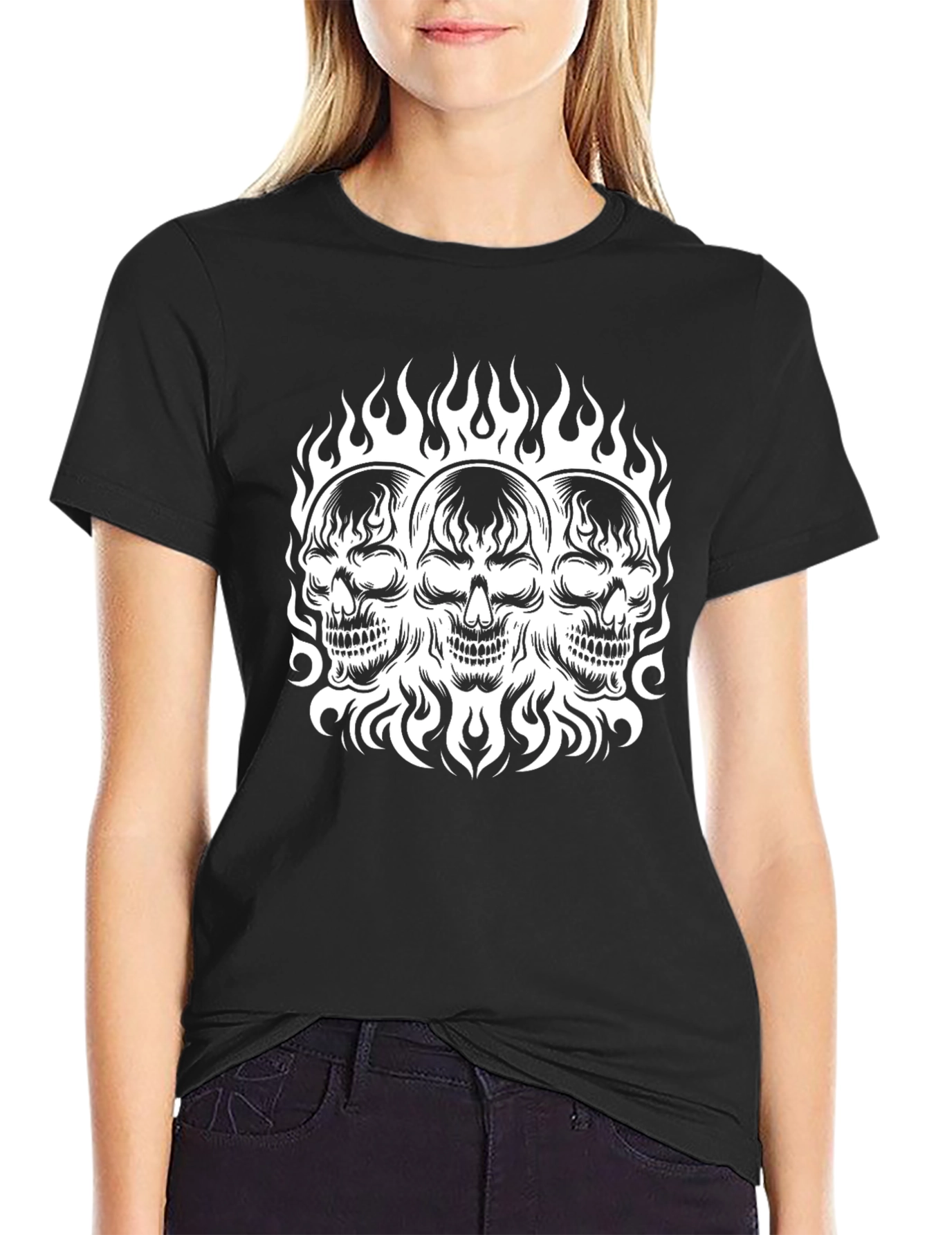 Skull Trio Flames T-Shirt - Mens Black Graphic Tee