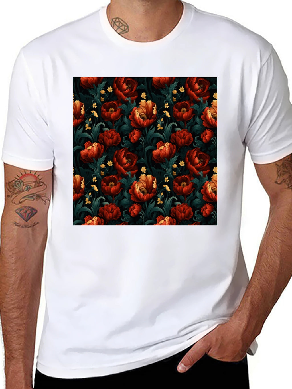 Floral Print Mens Black T-Shirt