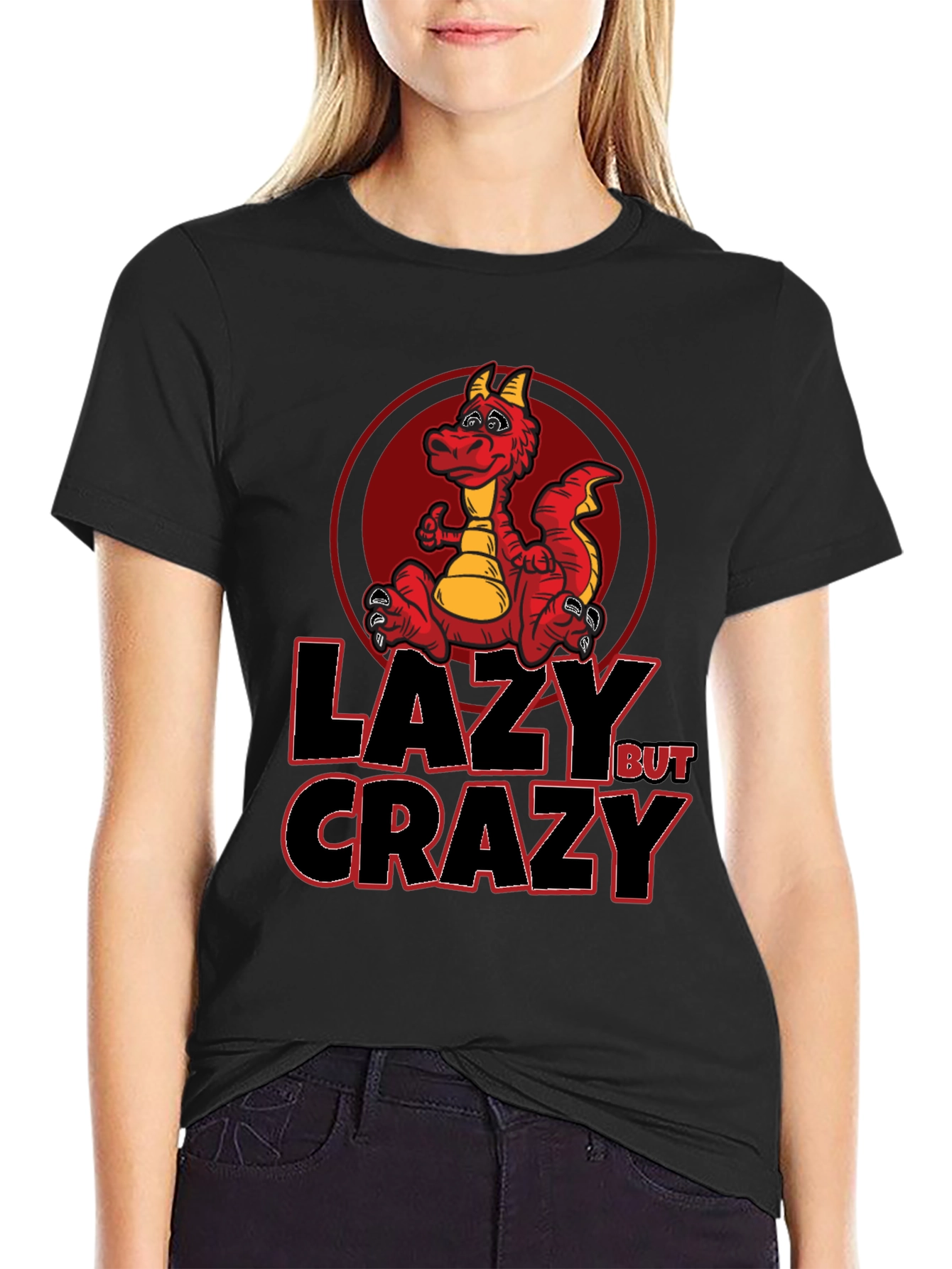 Lazy But Crazy Dragon Graphic Tee - Black Cotton T-Shirt