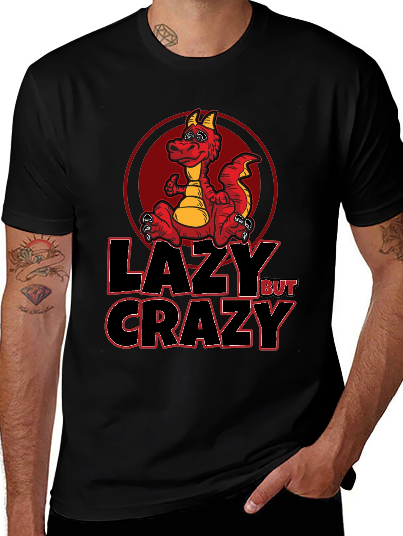 Lazy But Crazy Dragon Graphic Tee - Black Cotton T-Shirt