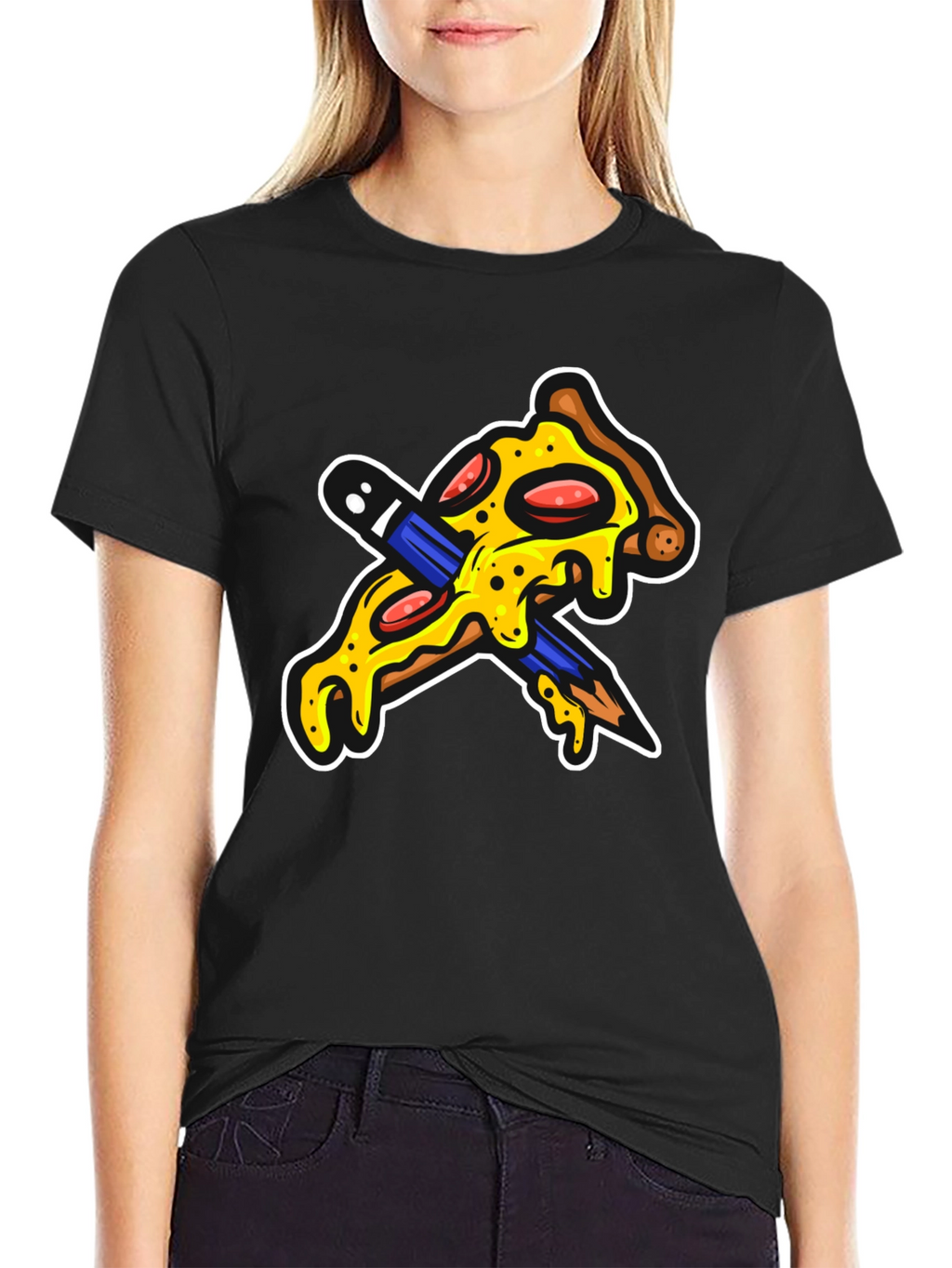 Pizza Pencil Graphic Black T-Shirt