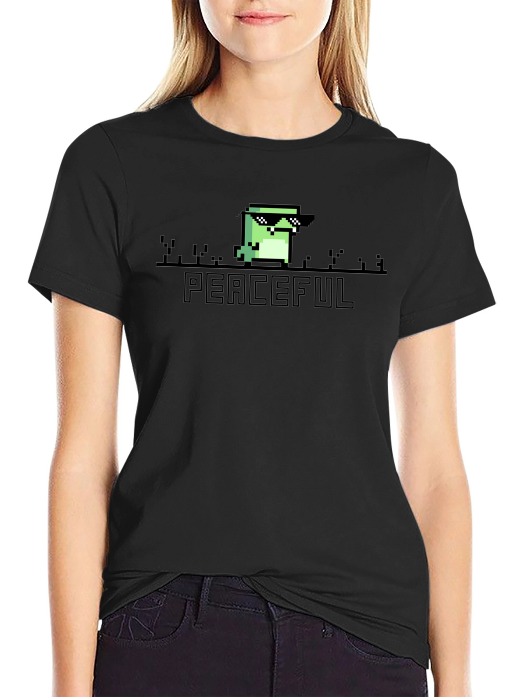 Peaceful Cool Frog Pixel Art Black T-Shirt