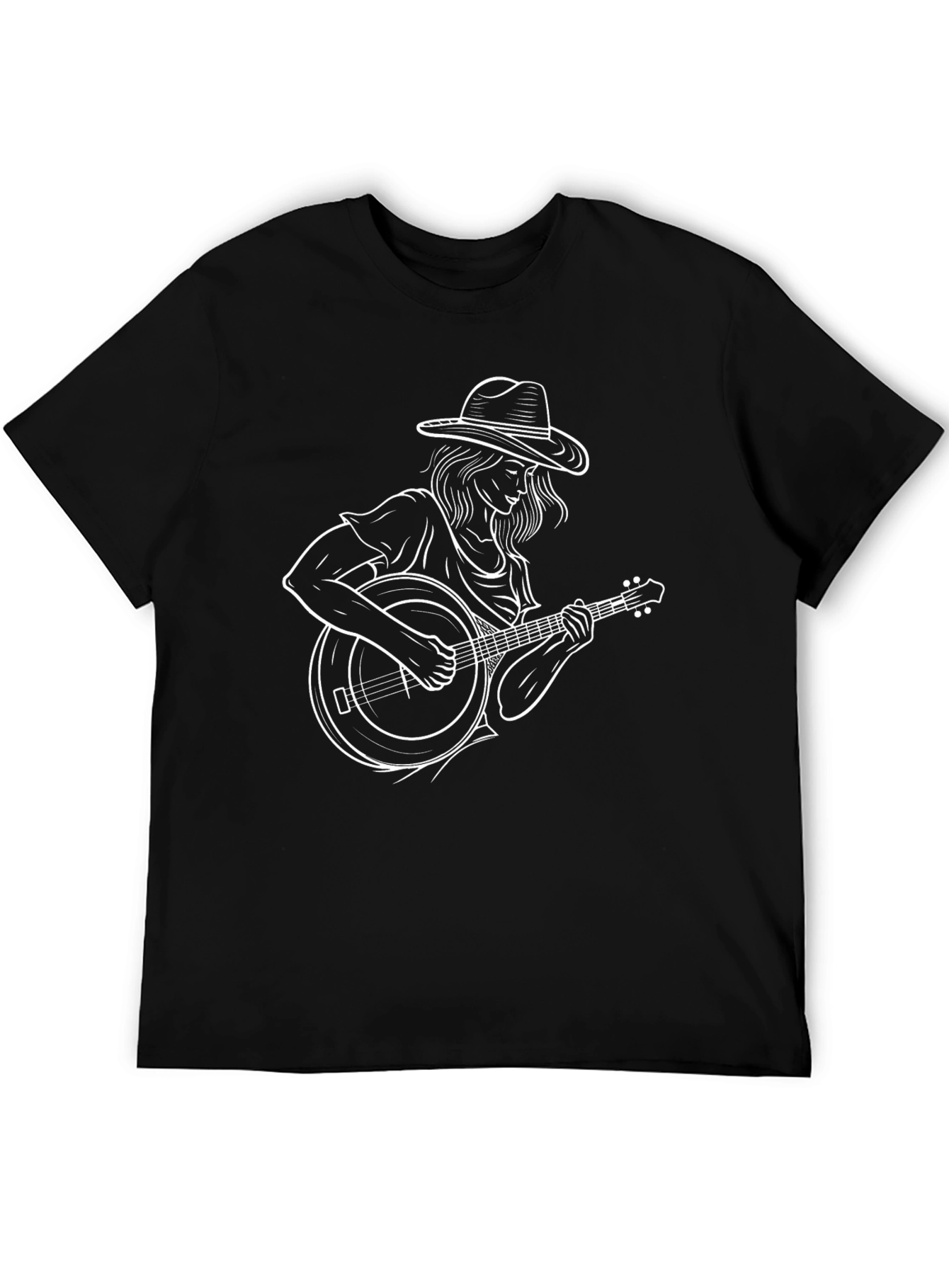 Black Graphic Tee - Woman Playing Banjo