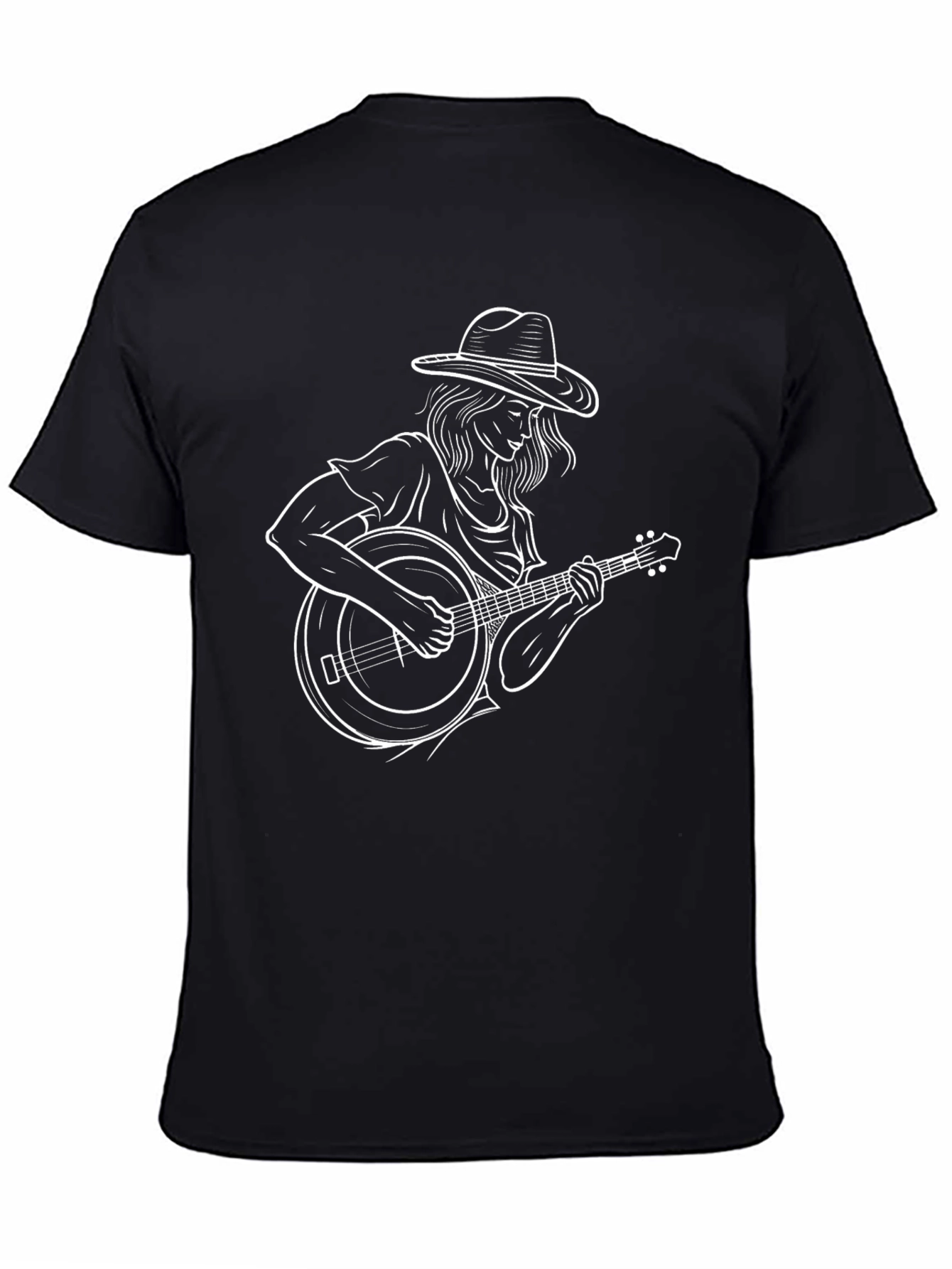 Black Graphic Tee - Woman Playing Banjo