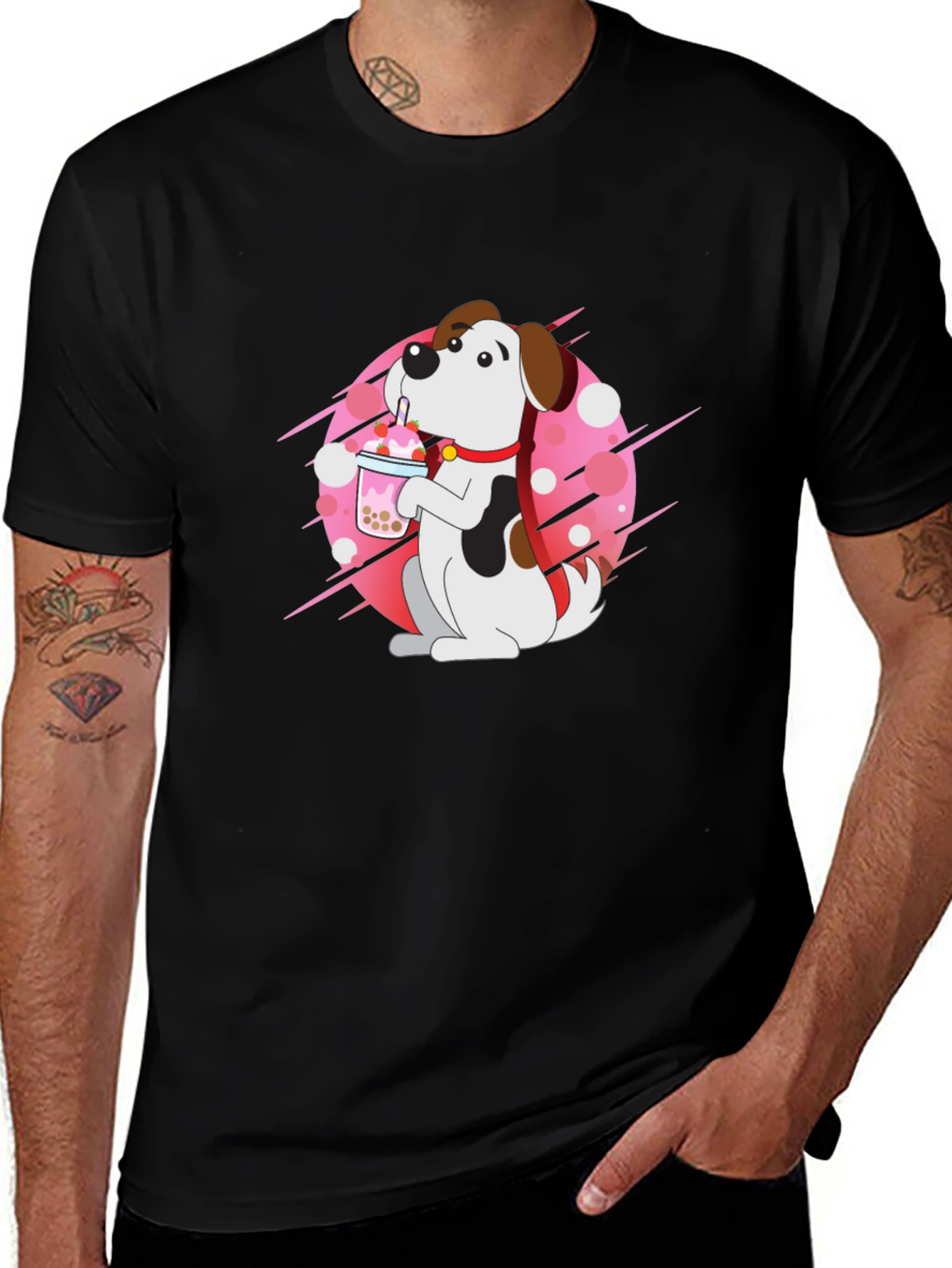 Dog Drinking Boba Tea Black T-Shirt