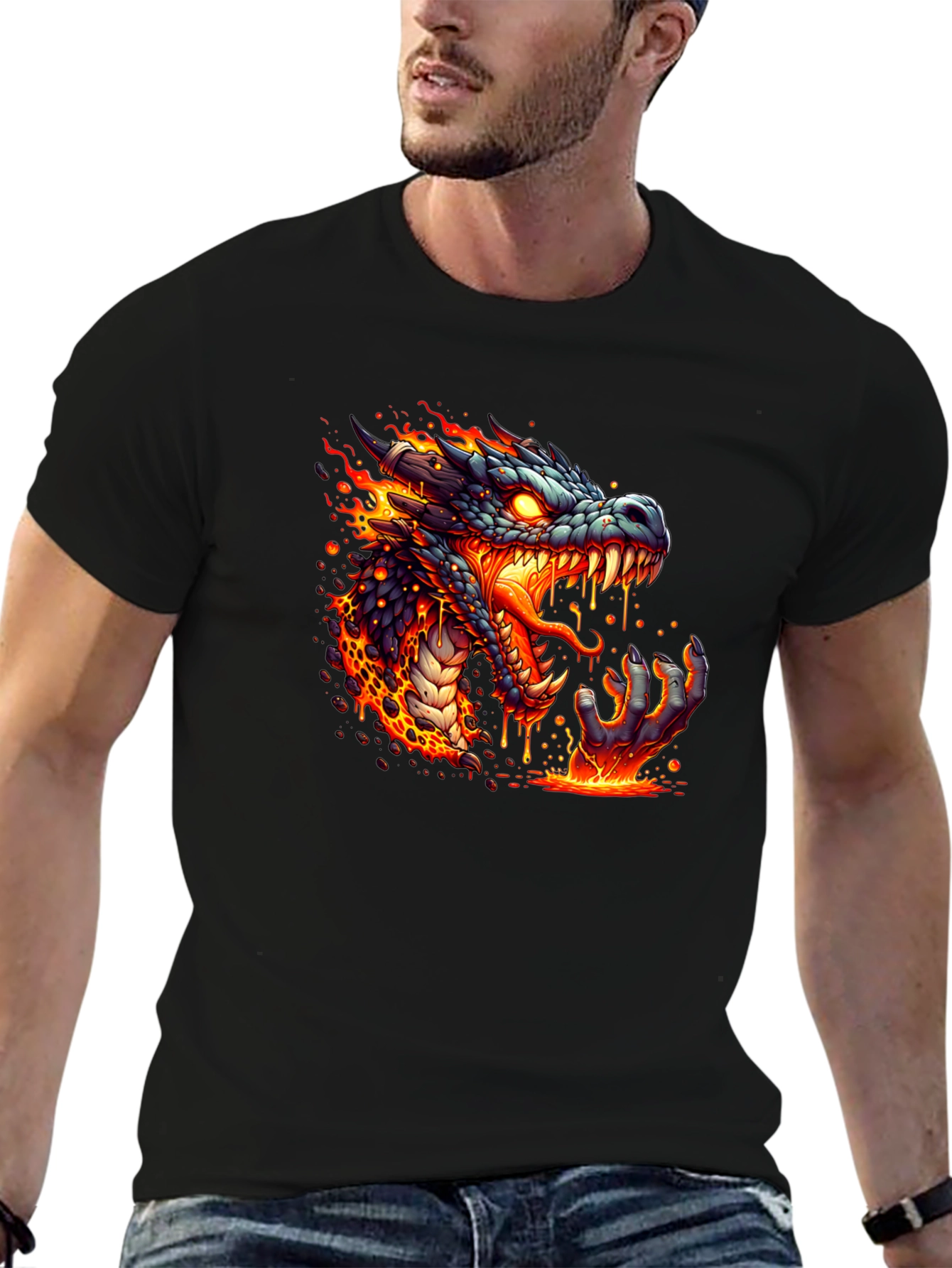 Fiery Dragon Graphic Tee - Black Cotton T-Shirt