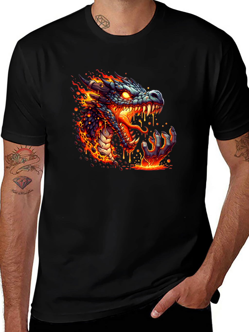Fiery Dragon Graphic Tee - Black Cotton T-Shirt