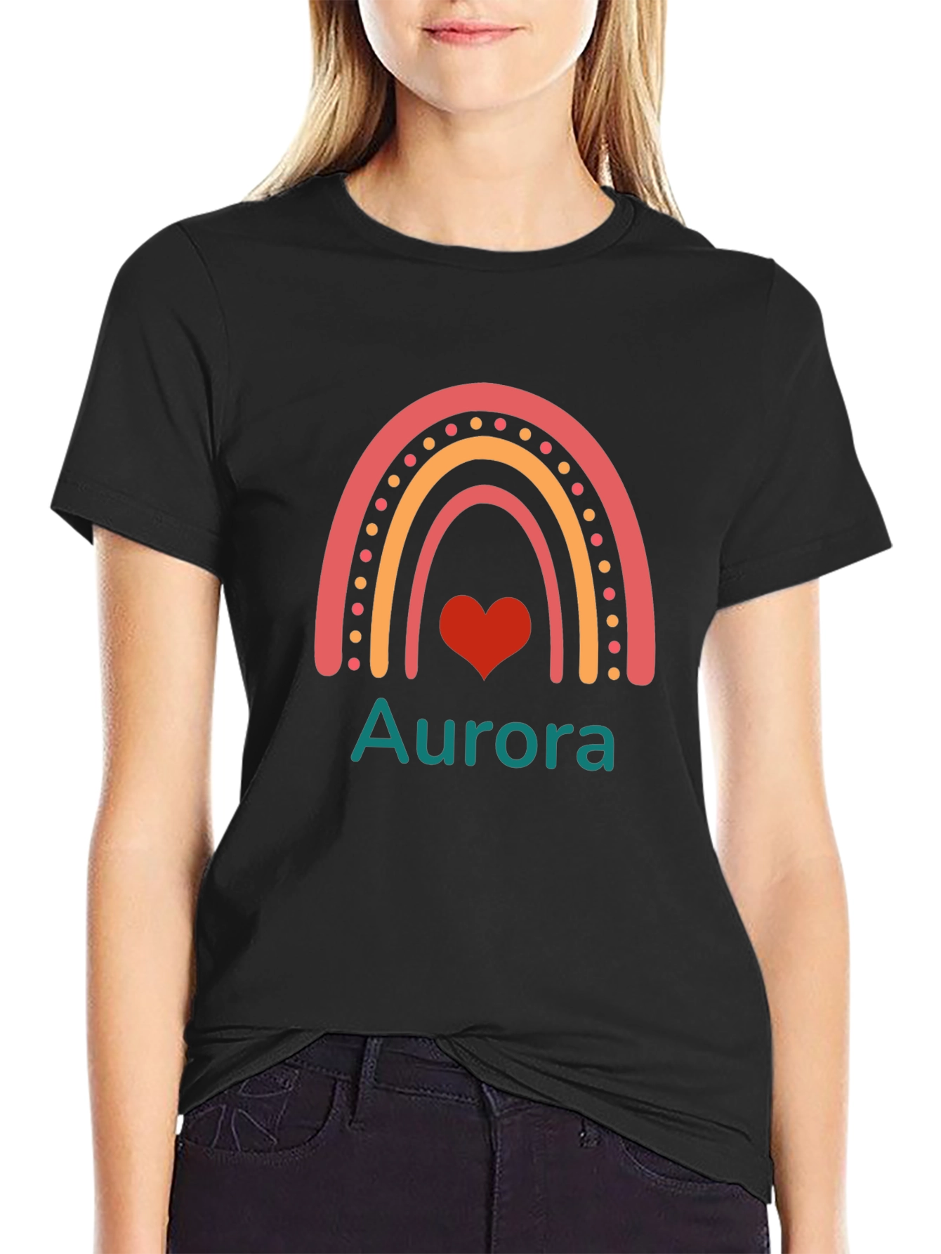 Aurora Rainbow Heart Graphic Black T-Shirt