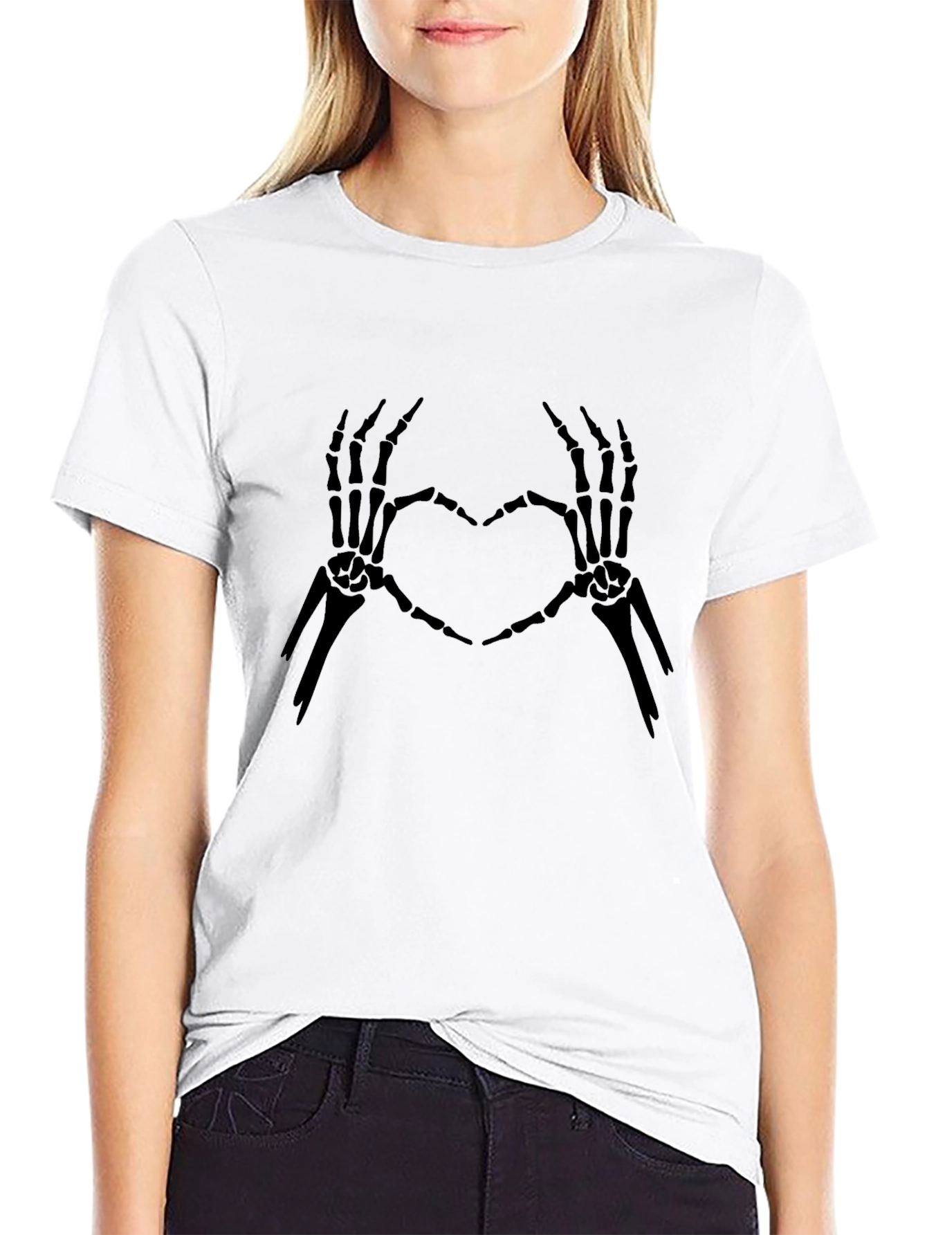 Skeleton Heart Hands Graphic Tee - Black Cotton